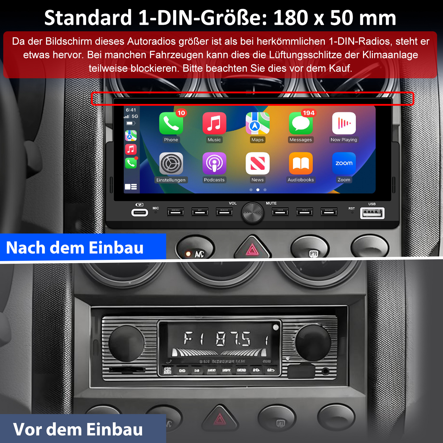 Autoradio-Bildschirm mit App-Symbolen, über einem vorinstallierten Radio. Text erklärt mögliche Blockade der Lüftungsschlitze.