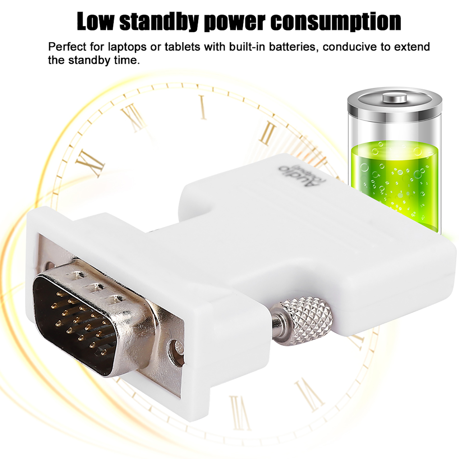 Ein weißer VGA-Adapter mit silbernem Stecker. Rechts ein grünes Batteriesymbol, mit Uhr-Hintergrund.