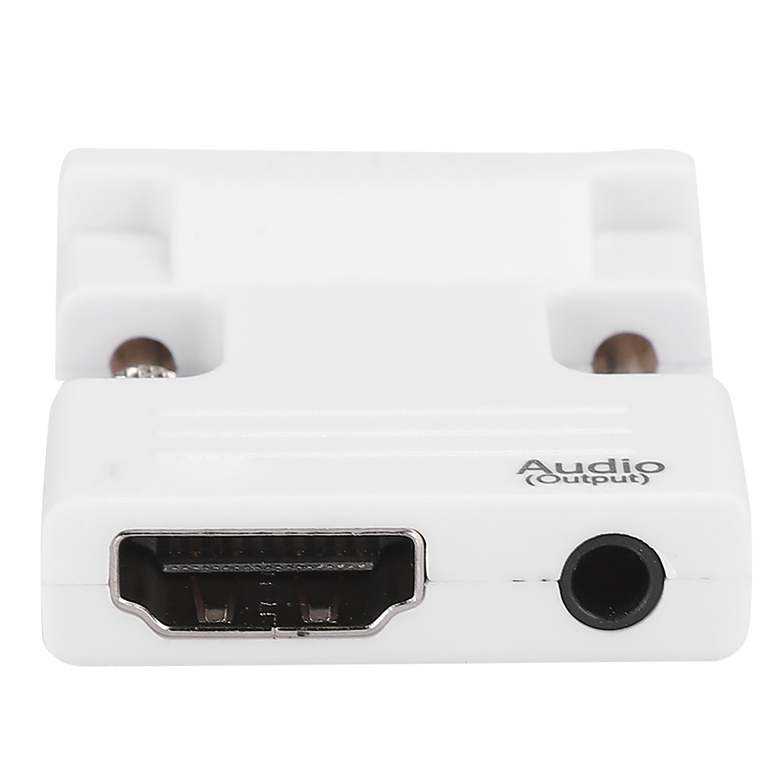 Weißer HDMI-Adapter mit Anschluss, Audioausgang und Befestigungsschrauben. Das Gerät ist rechteckig und hat eine glänzende Oberfläche.