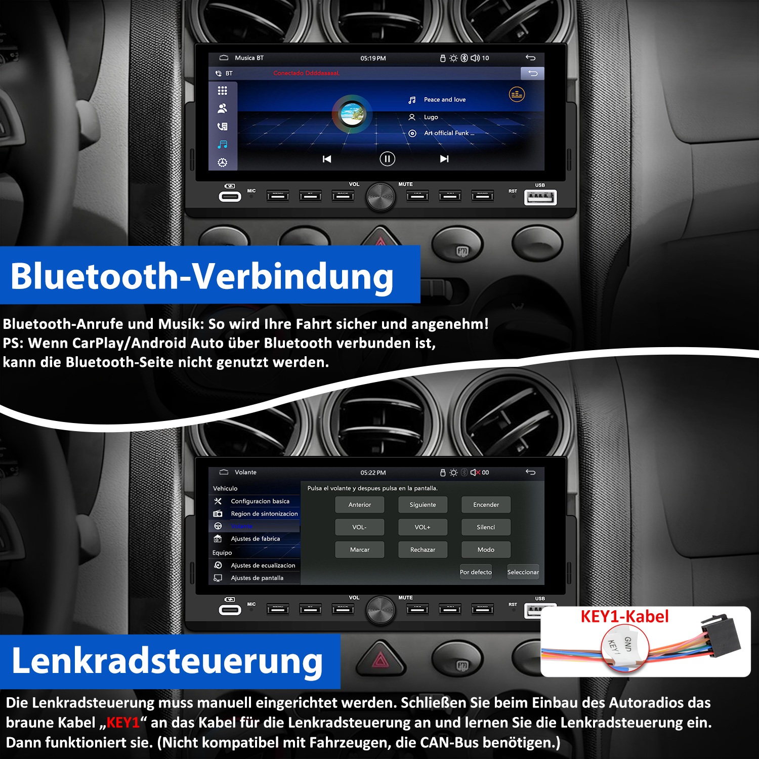 Autoradio-Bildschirm mit Musik und Einstellungen. Text auf Deutsch und Spanisch. Unten rechts wird ein KEY1-Kabel angezeigt.
