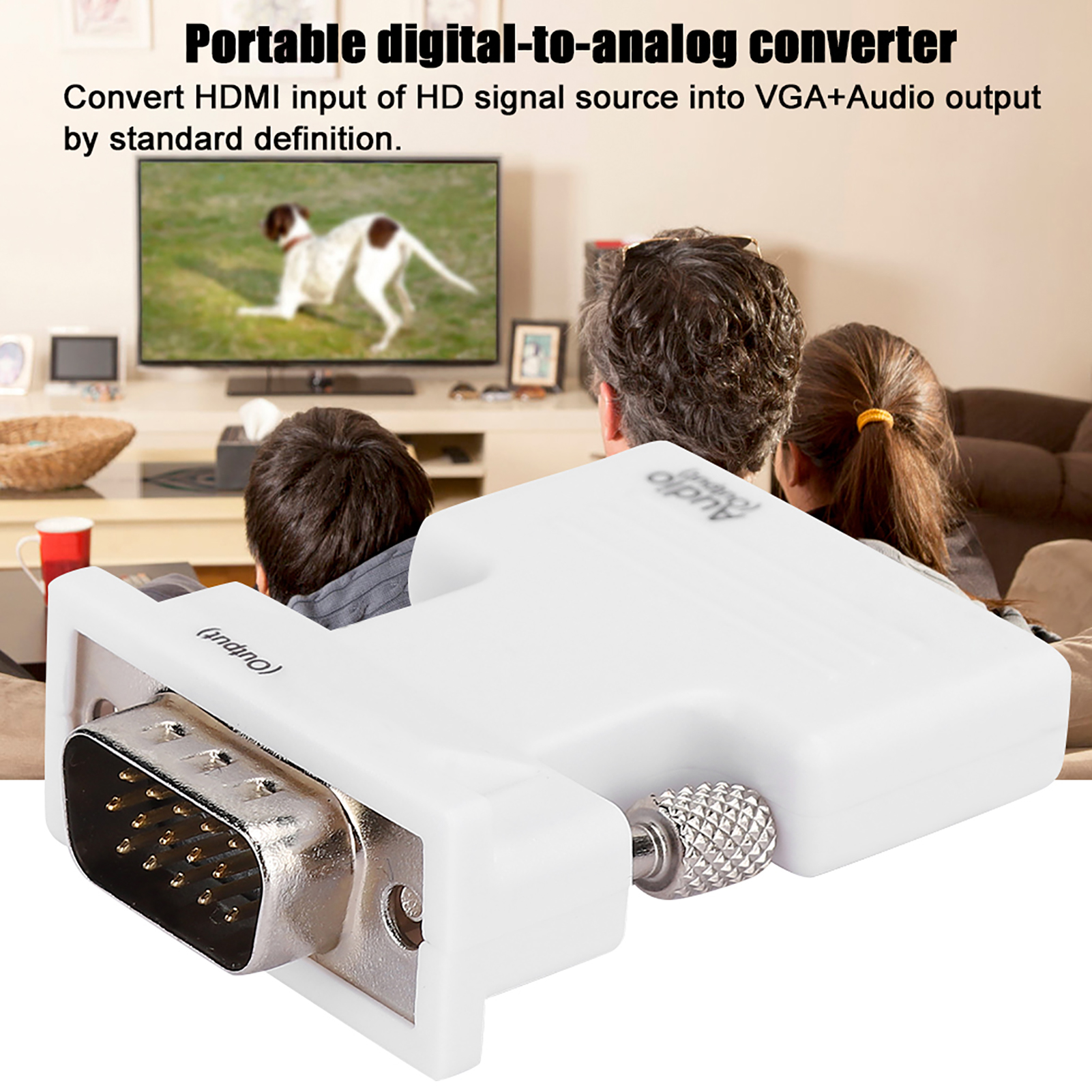 Ein weißer Digital-Analog-Wandler. Er befindet sich vor Leuten, die fernsehen. Der Fernseher zeigt einen Hund, der auf Gras rennt.
