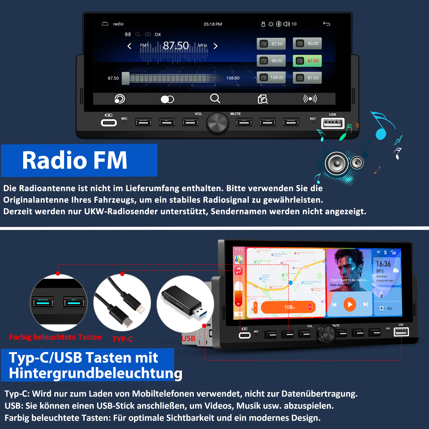 Autoradio mit FM und USB-Anschlüssen. Anzeige der UKW-Frequenz und Karte. Kabel und Tasten sind sichtbar.