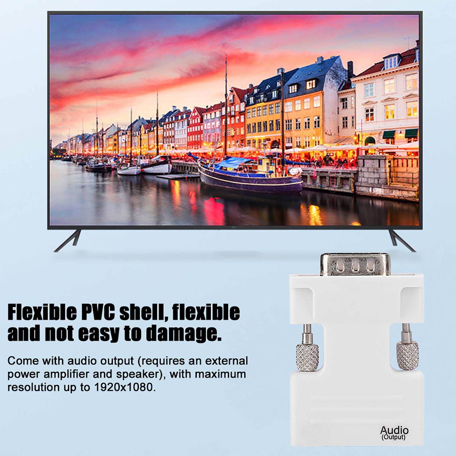 Auf einem Fernseher wird eine Stadtlandschaft gezeigt, die sich im Wasser spiegelt. Darunter befindet sich ein weißer Adapter mit silbernen Schrauben.