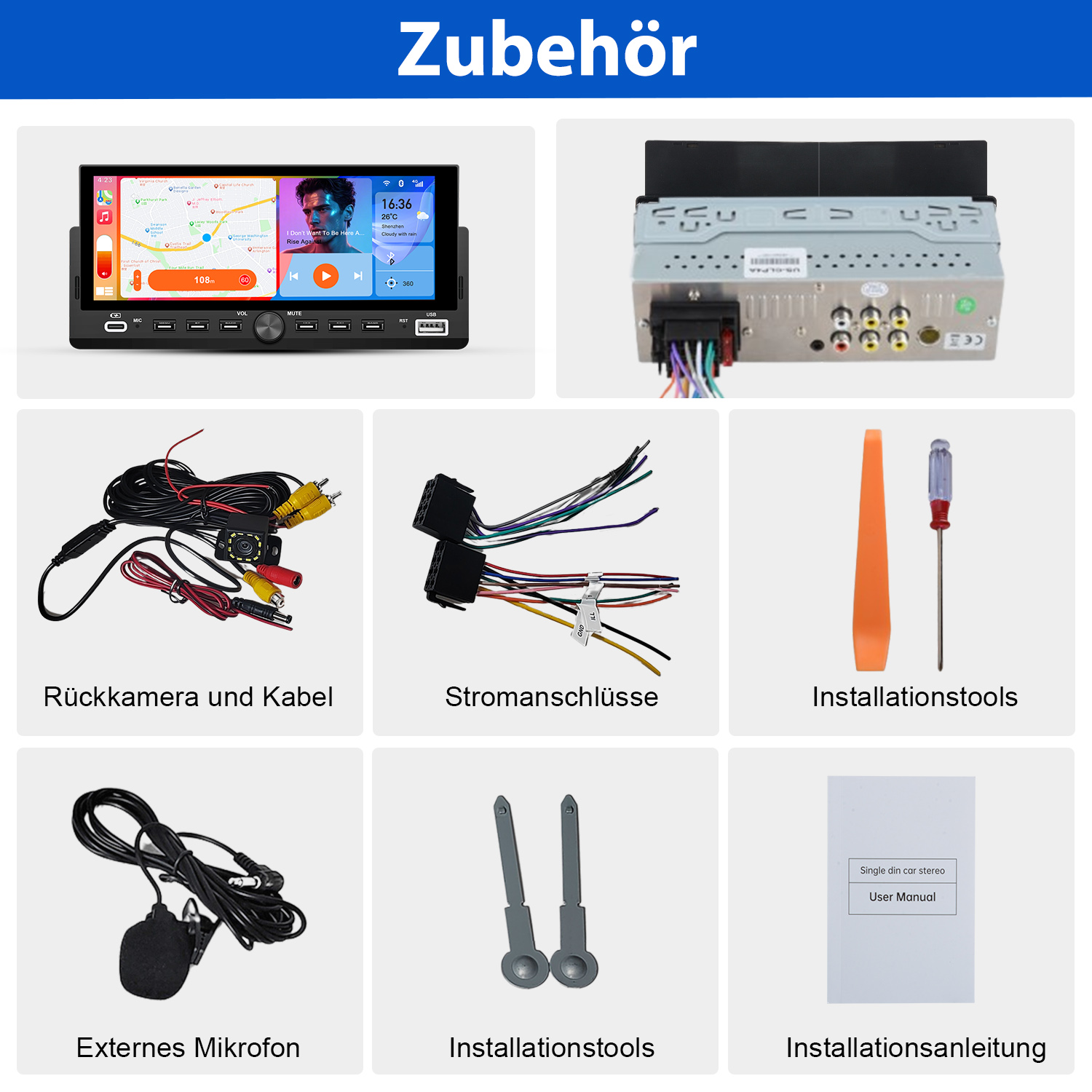 Ein Autoradio mit Zubehör, einschließlich Bildschirm, Kabeln, Kamera, Mikrofon und Werkzeug. Der Hintergrund ist weiß.
