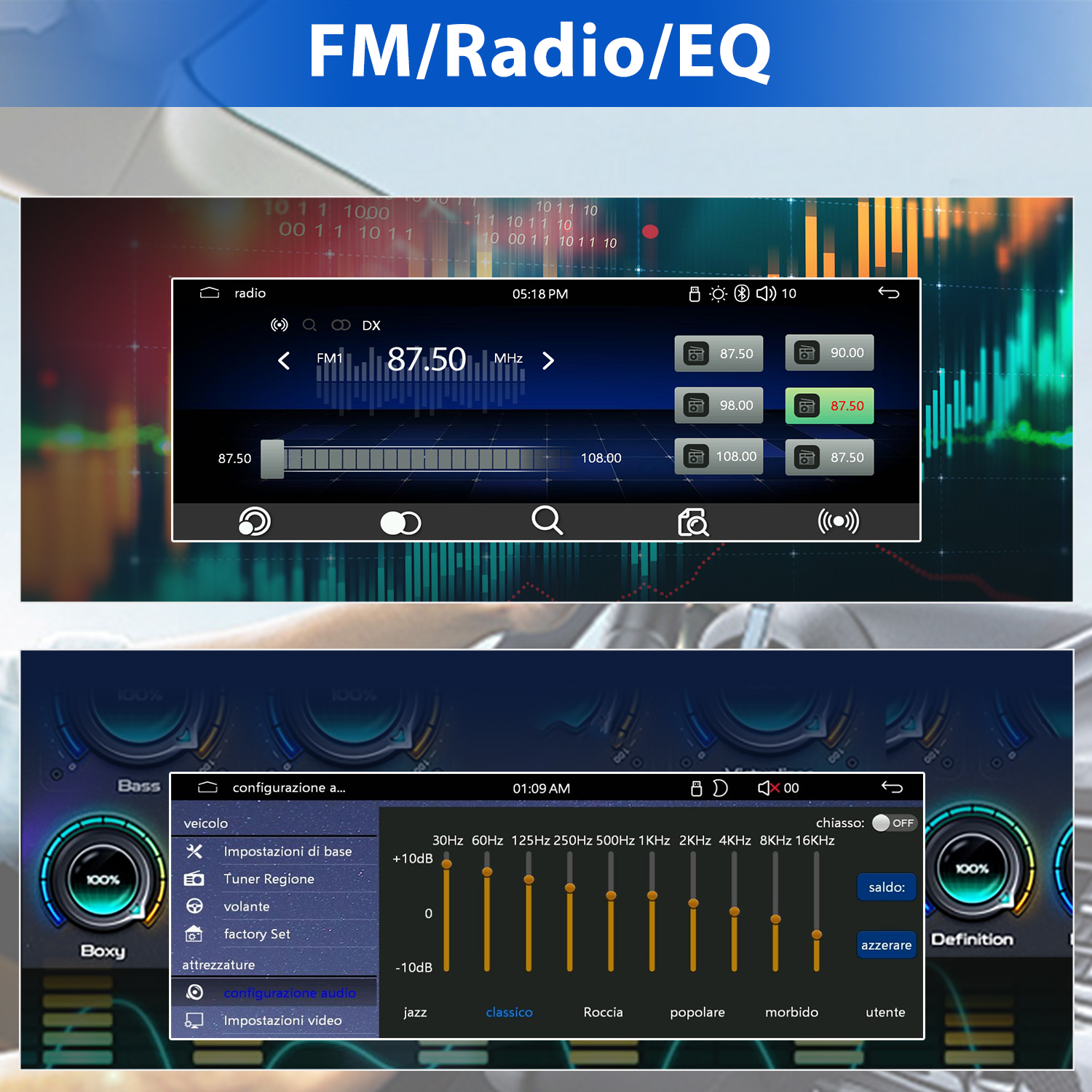 Interfejs audio w samochodzie. Wyświetla częstotliwość radiową i ustawienia korektora z kontrolkami basów i definicji. Pokazuje różne opcje audio.