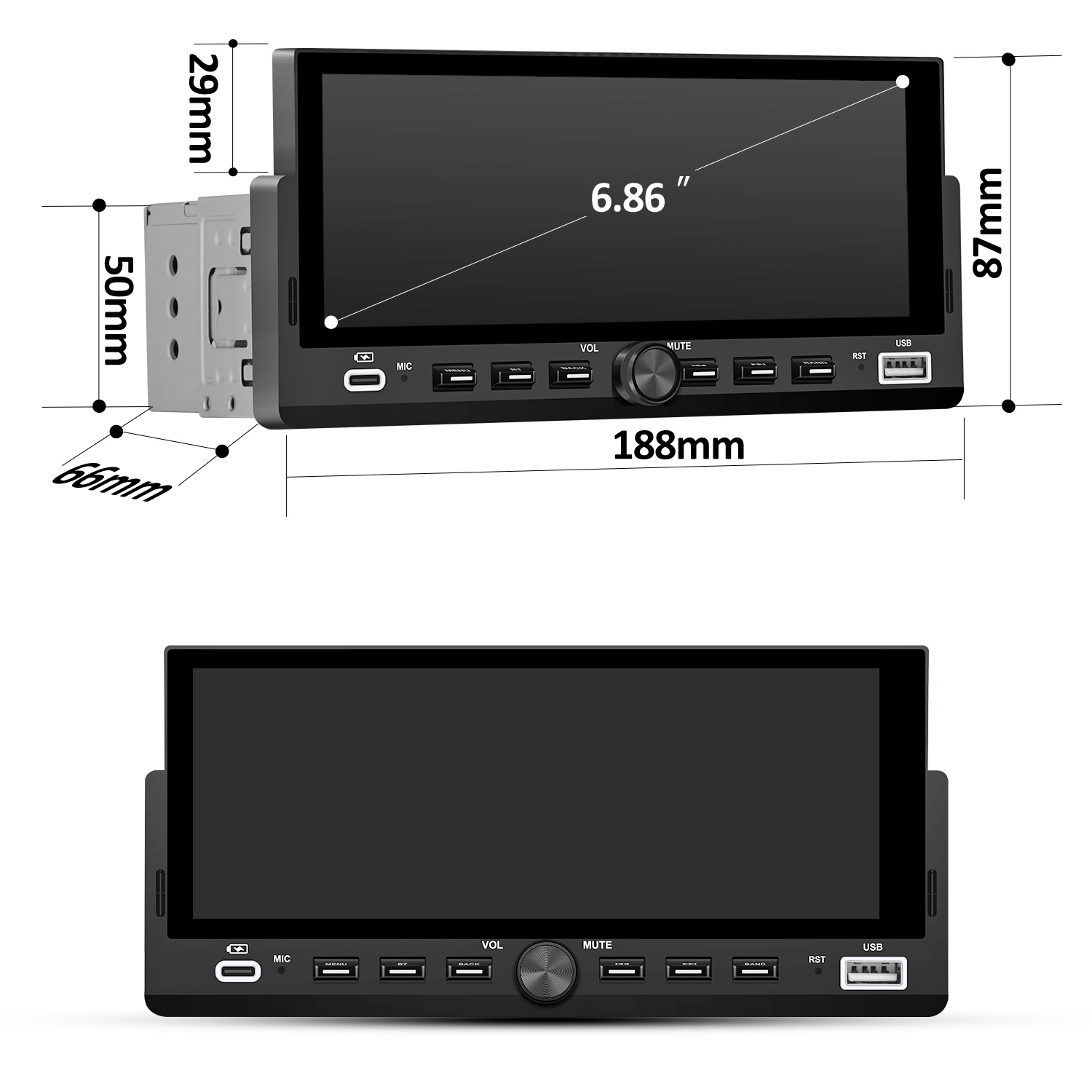 Radio samochodowe z czarnym ekranem, przyciskami i wymiarami. Posiada port USB, pokrętło głośności i inne przyciski funkcyjne.