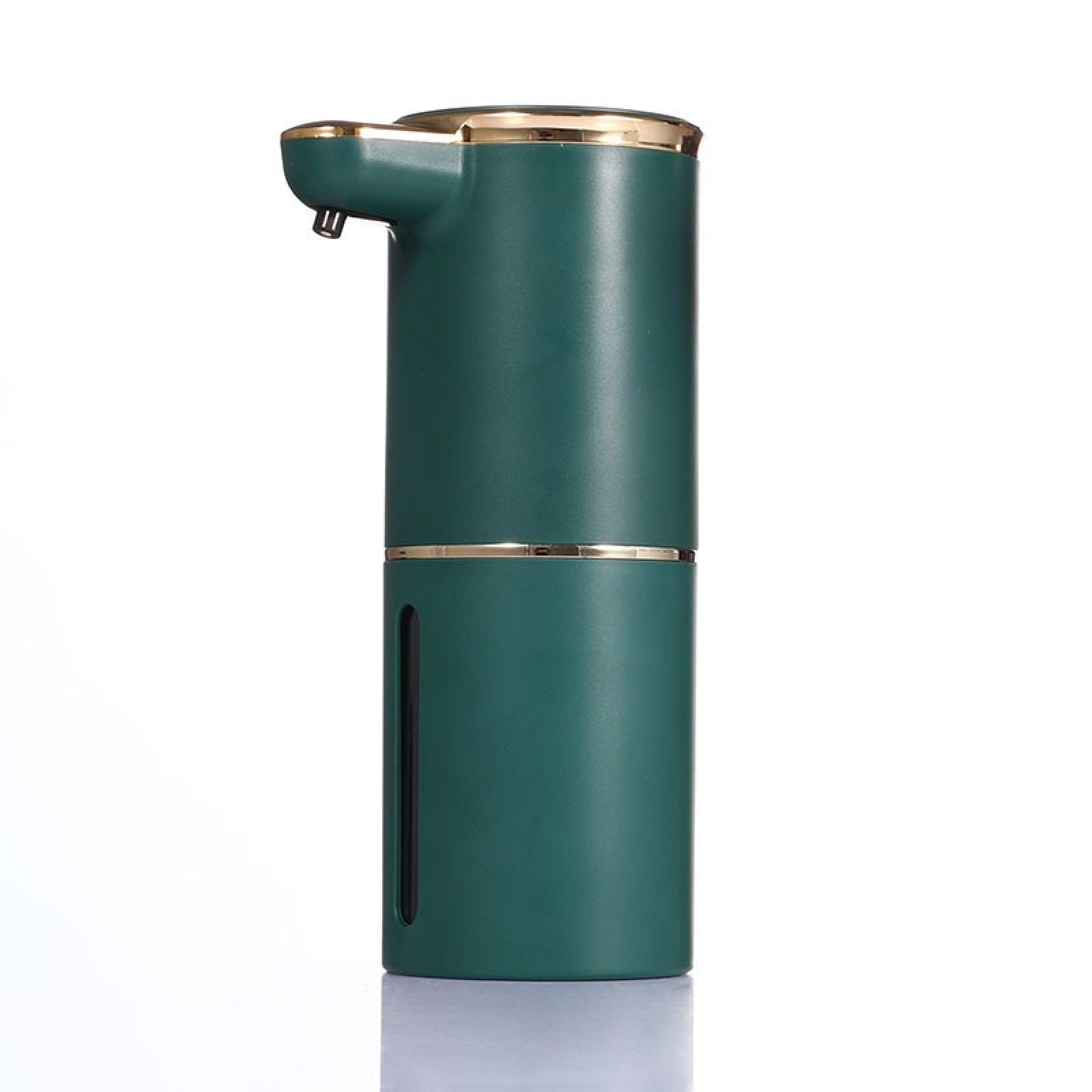 Ein automatischer Seifenspender in Teal mit goldenen Akzenten. Er befindet sich auf weißem Hintergrund.