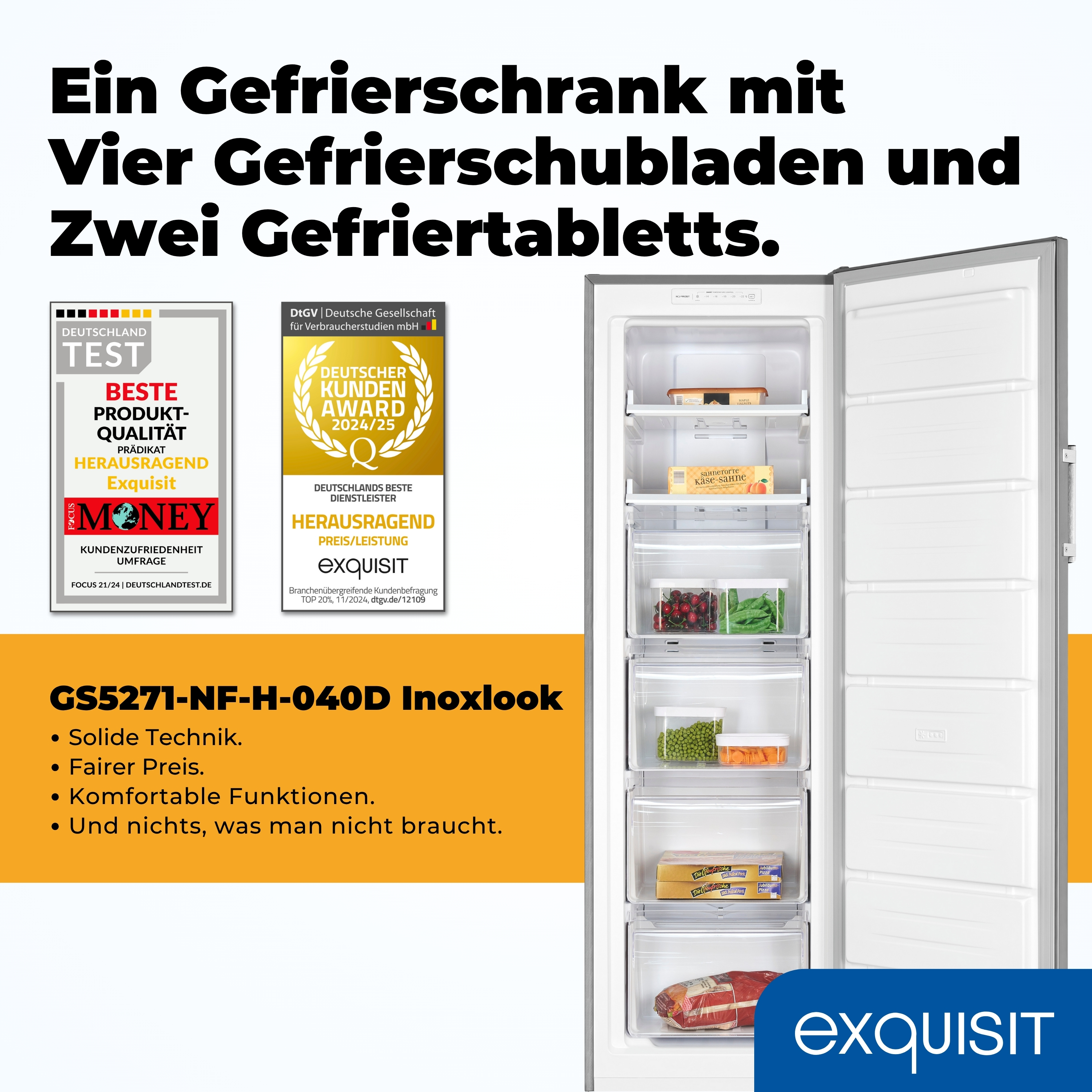 Ein Kühlschrank mit offener Tür, der Schubladen und Regale mit Lebensmitteln zeigt. Auszeichnungen sind links sichtbar.