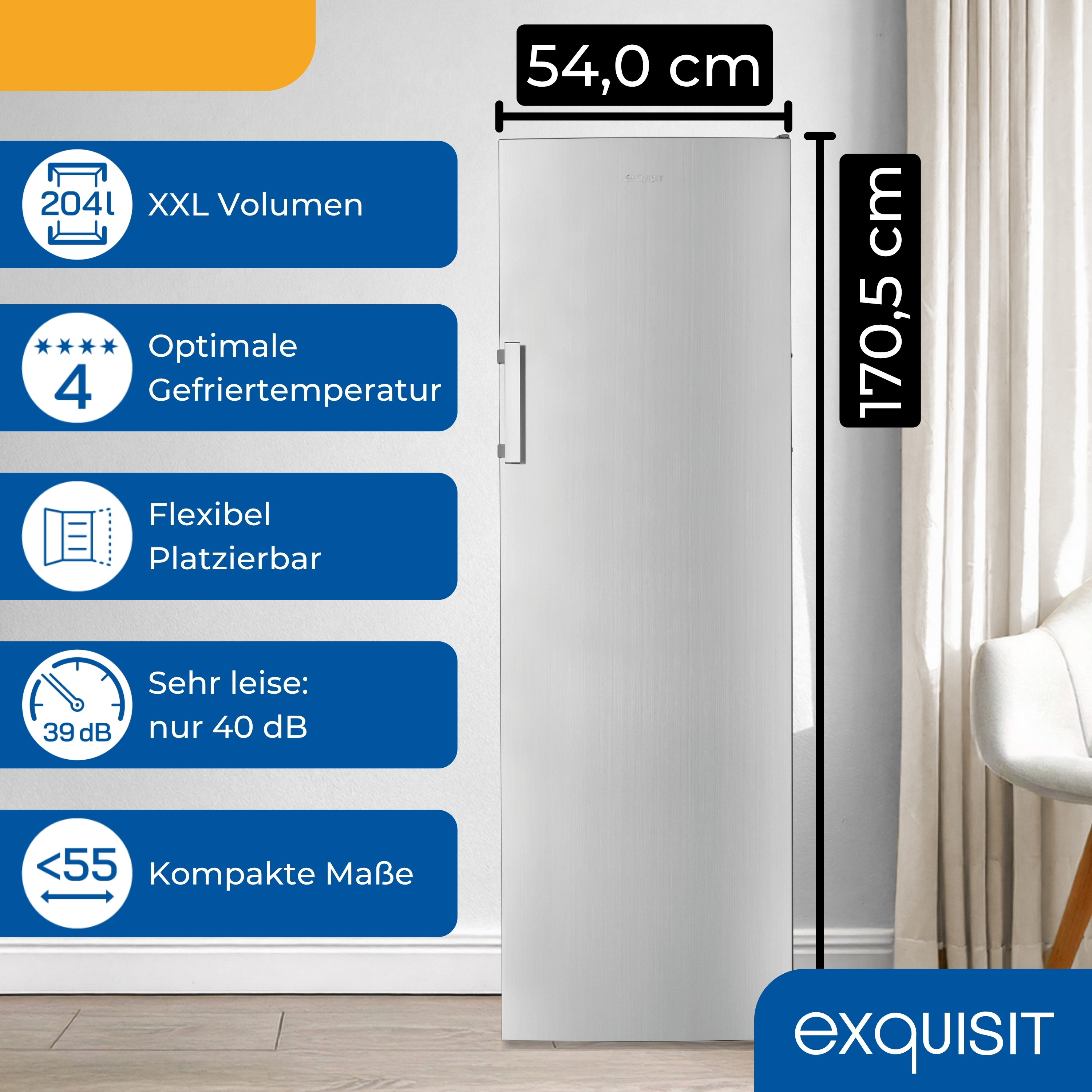 Ein hoher, weißer Exquisit-Gefrierschrank wird gezeigt. Text hebt Merkmale wie 204L Volumen, 4-Sterne-Temp, flexible Platzierung und leisen Betrieb hervor.