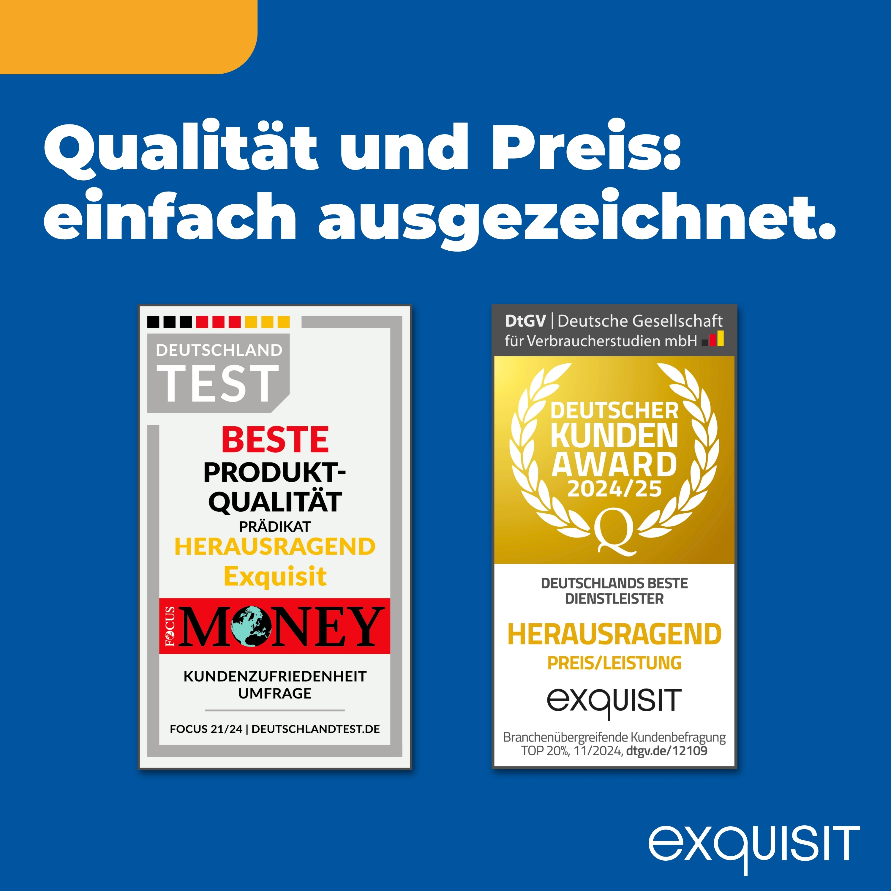 Bild zeigt Auszeichnungen und Text: Qualität und Preis: Einfach ausgezeichnet. Enthält Auszeichnungen für Produkt und Kundenzufriedenheit.