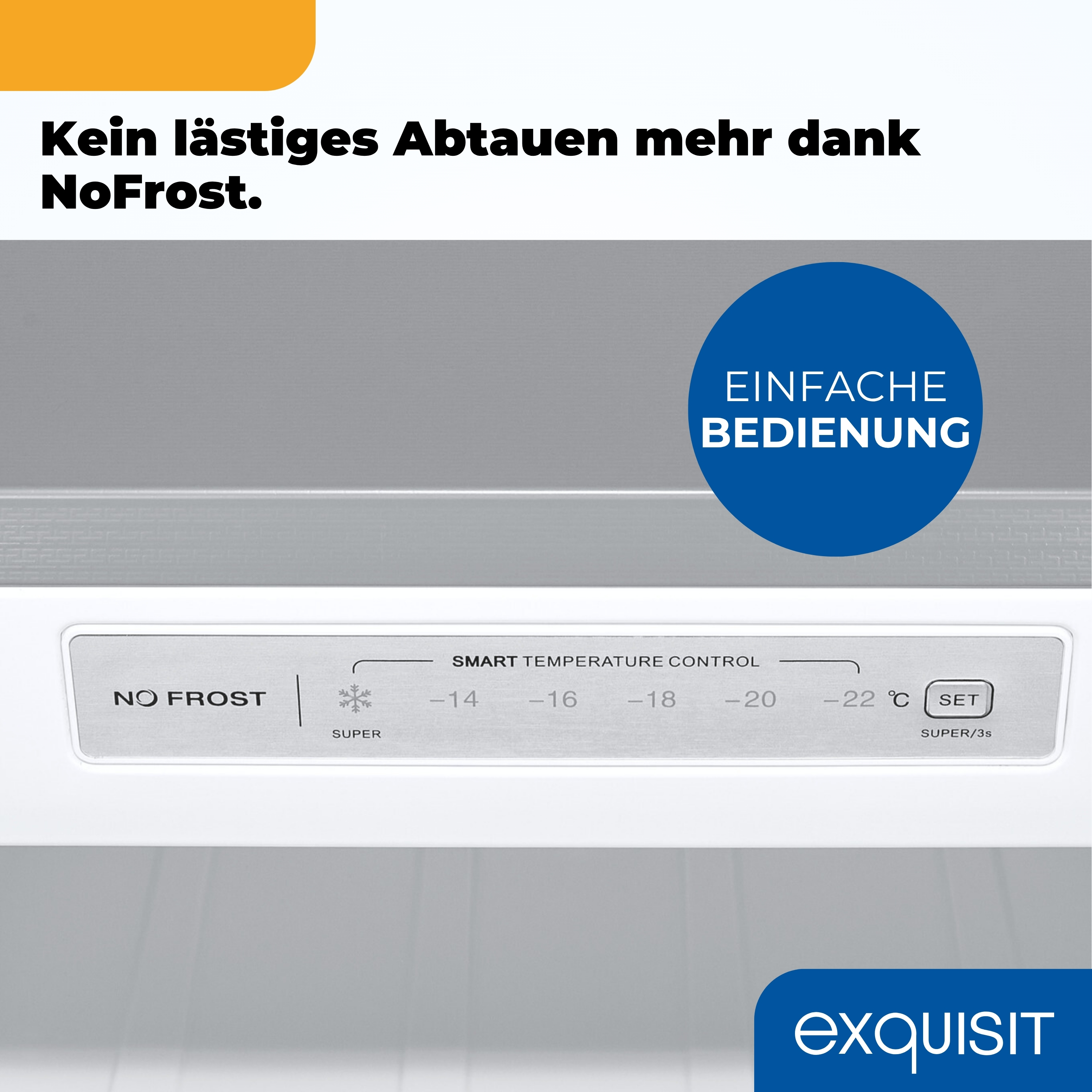 Kühlschrankdetail. Text: 'No Frost'. Blauer Kreis: 'Einfache Bedienung'. Bedienfeld mit Temperatureinstellungen.