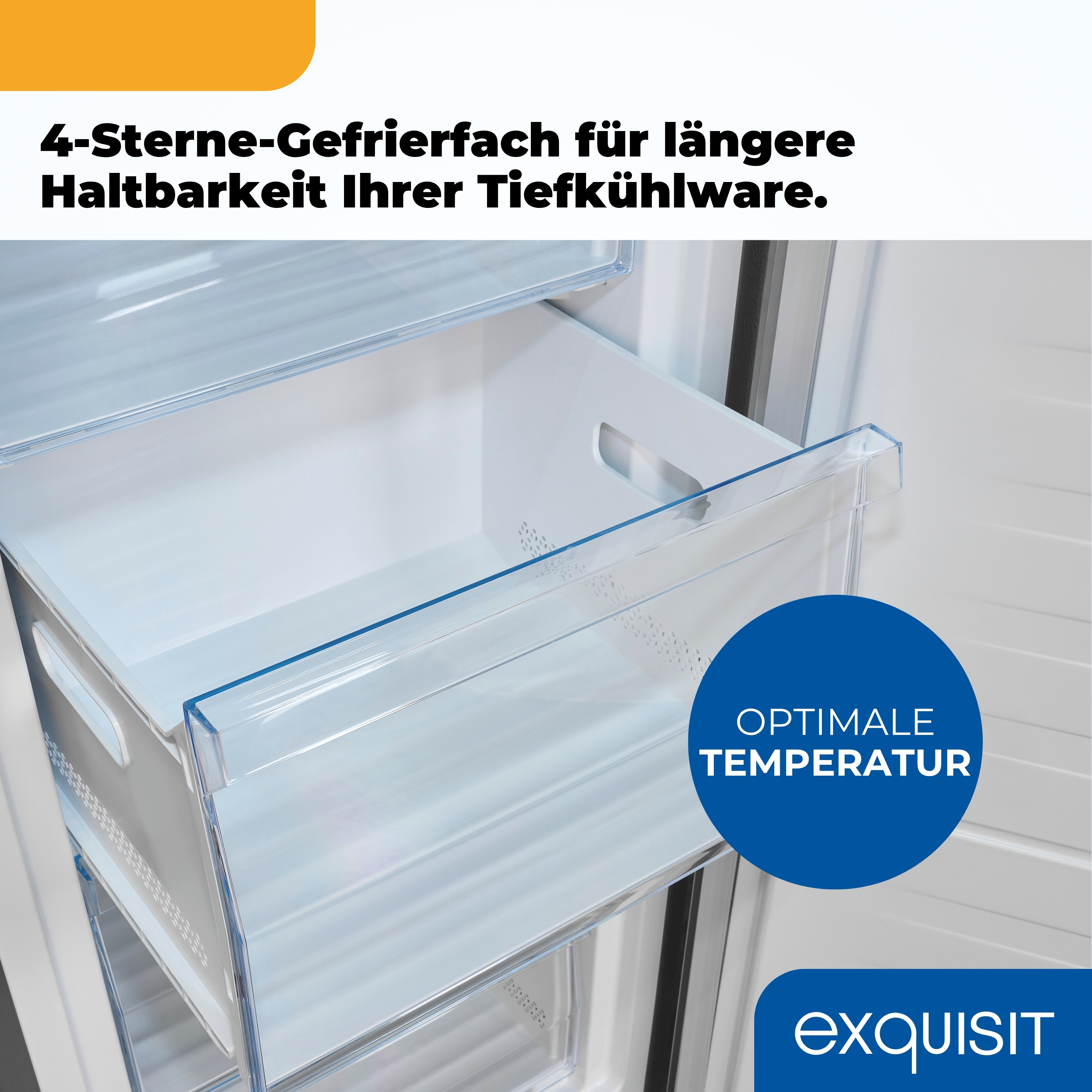 Nahaufnahme einer Gefrierschublade eines Kühlschranks. Die Schublade ist weiß mit klarer Kunststofffront. Text: 'OPTIMALE TEMPERATUR'.