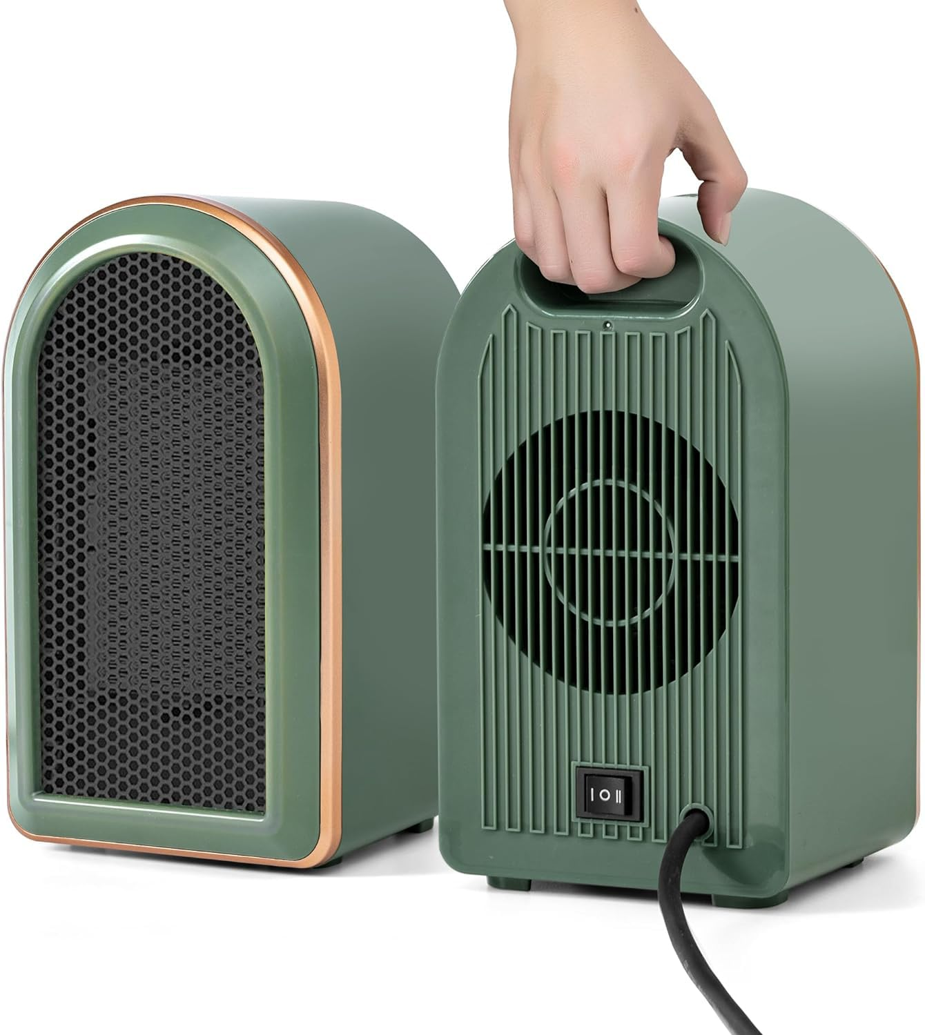 Zwei grüne Raumheizungen im Retro-Stil. Eine wird von vorne, die andere von hinten betrachtet, von einer Hand gehalten. Ein Netzkabel ist sichtbar.