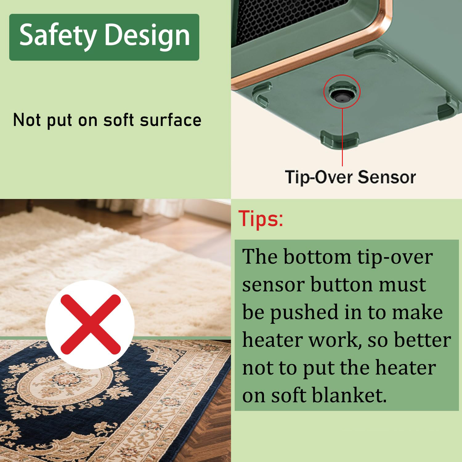 Das Bild zeigt "Sicherheitsdesign" mit "Nicht auf weiche Oberfläche legen". Es enthält eine Heizgerätebasis mit einem Kippsensor und ein "Nicht"-Symbol auf einem Teppich.