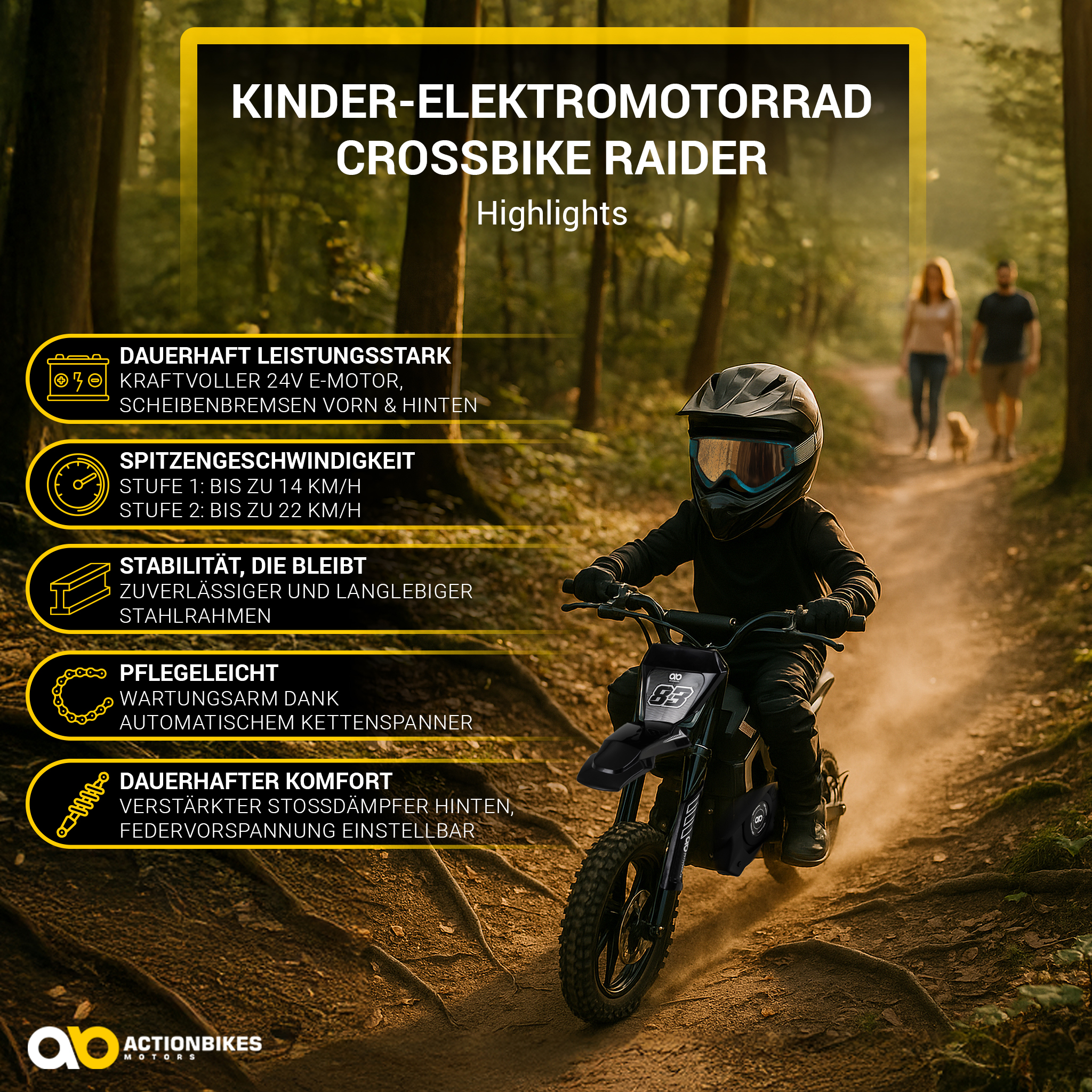 Ein Kind auf einem schwarzen Elektro-Dirtbike fährt auf einem Pfad. Eltern und ein Hund sind im Hintergrund.