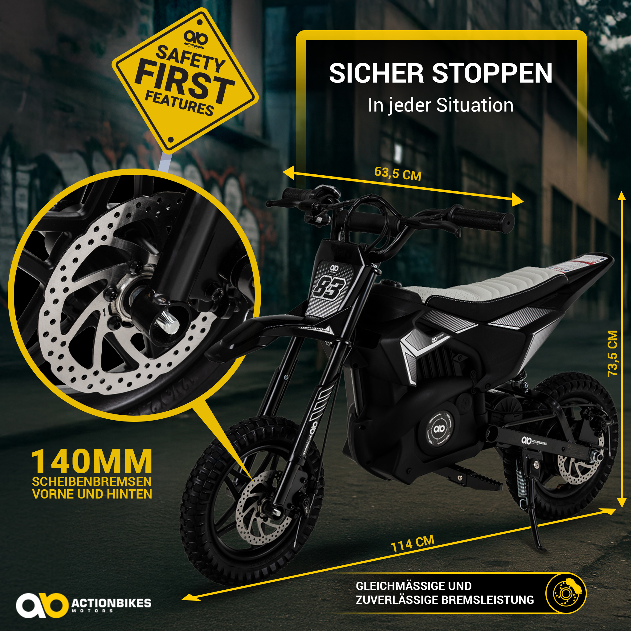 Schwarzes Spielzeugmotorrad mit weißem Sitz, Scheibenbremsen und dem Text 'Safety First Features'. Maße sind angegeben.