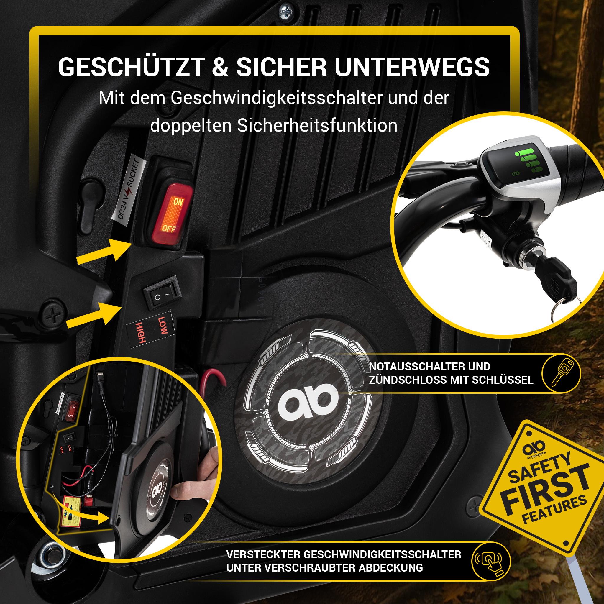 Schwarze Rollerkomponenten mit hervorgehobenen Sicherheitsmerkmalen. Enthält Schalter, Zündschlüssel und ein Display. Gelbes Sicherheitsschild.