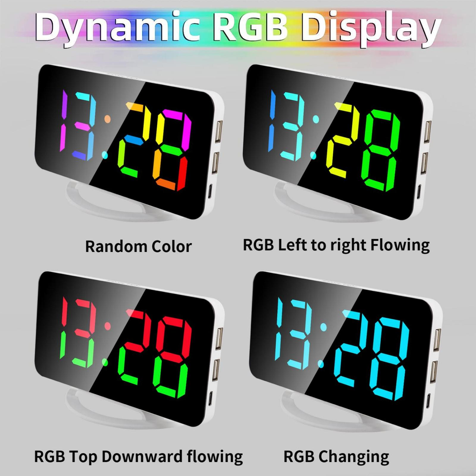 Das Bild zeigt vier Digitaluhren mit der Anzeige 13:28 und verschiedenen RGB-Effekten: zufällig, von links nach rechts, von oben nach unten und wechselnd.