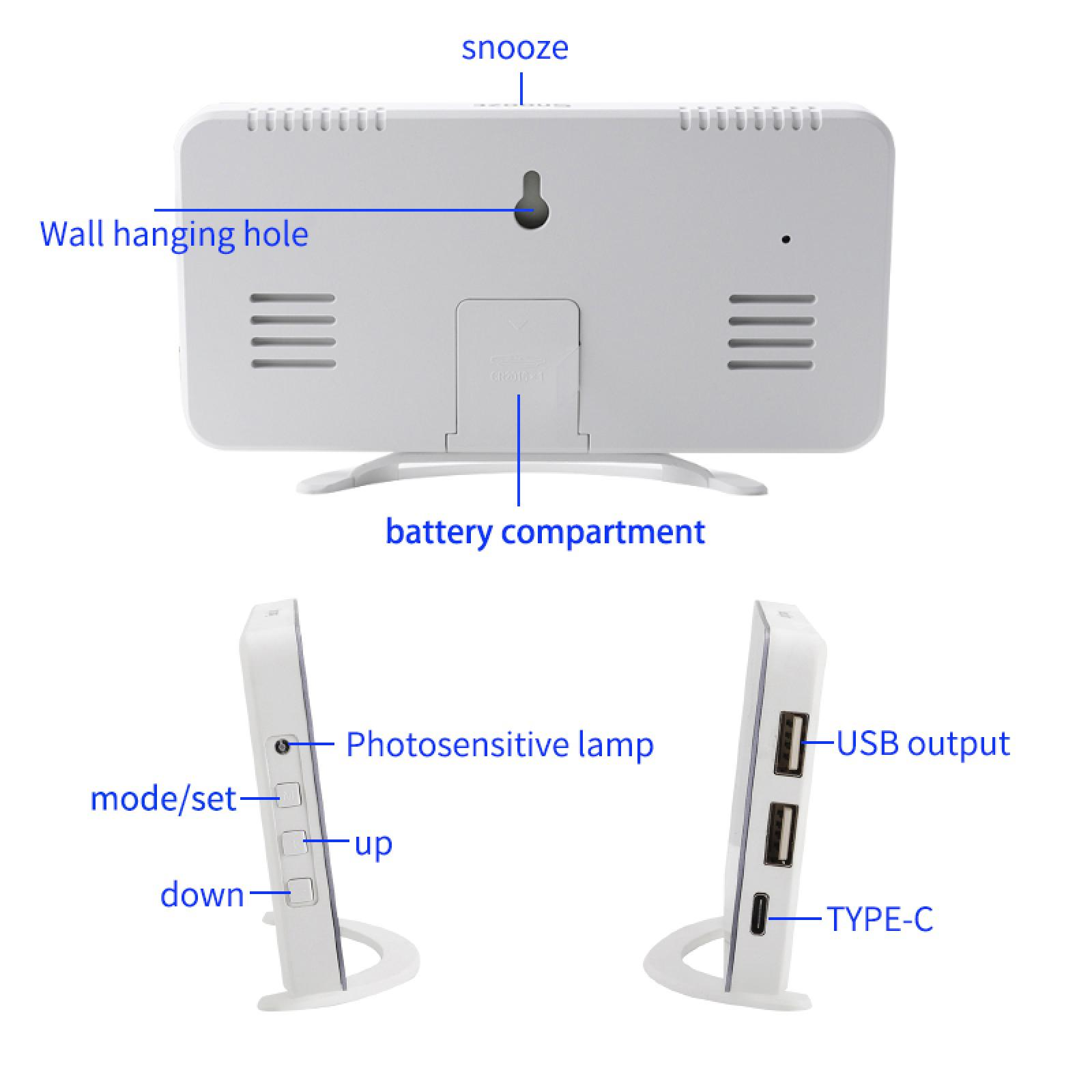 Weißer Digitalwecker mit beschrifteten Teilen: Schlummerfunktion, Wandaufhängeloch, Batteriefach, USB-Ausgang, Typ-C und Tasten.
