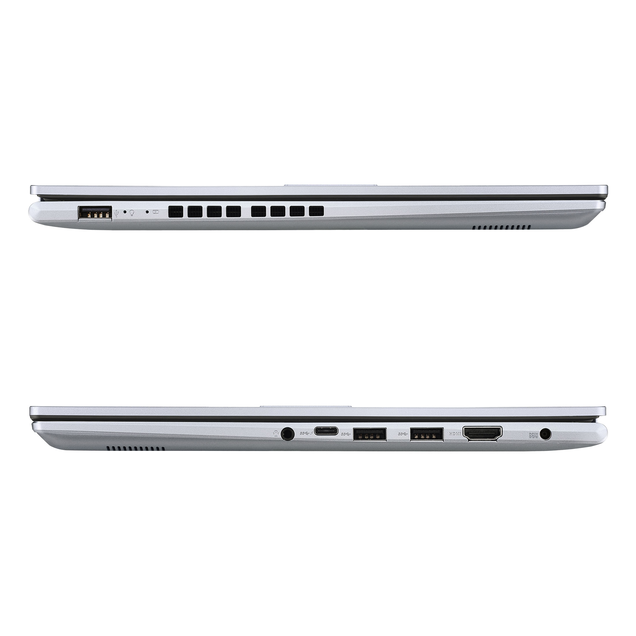 Seitenansicht eines silbernen Laptops. Oben: Anschlüsse. Unten: Anschlüsse. Beide Seiten sind gleich. Weißer Hintergrund.