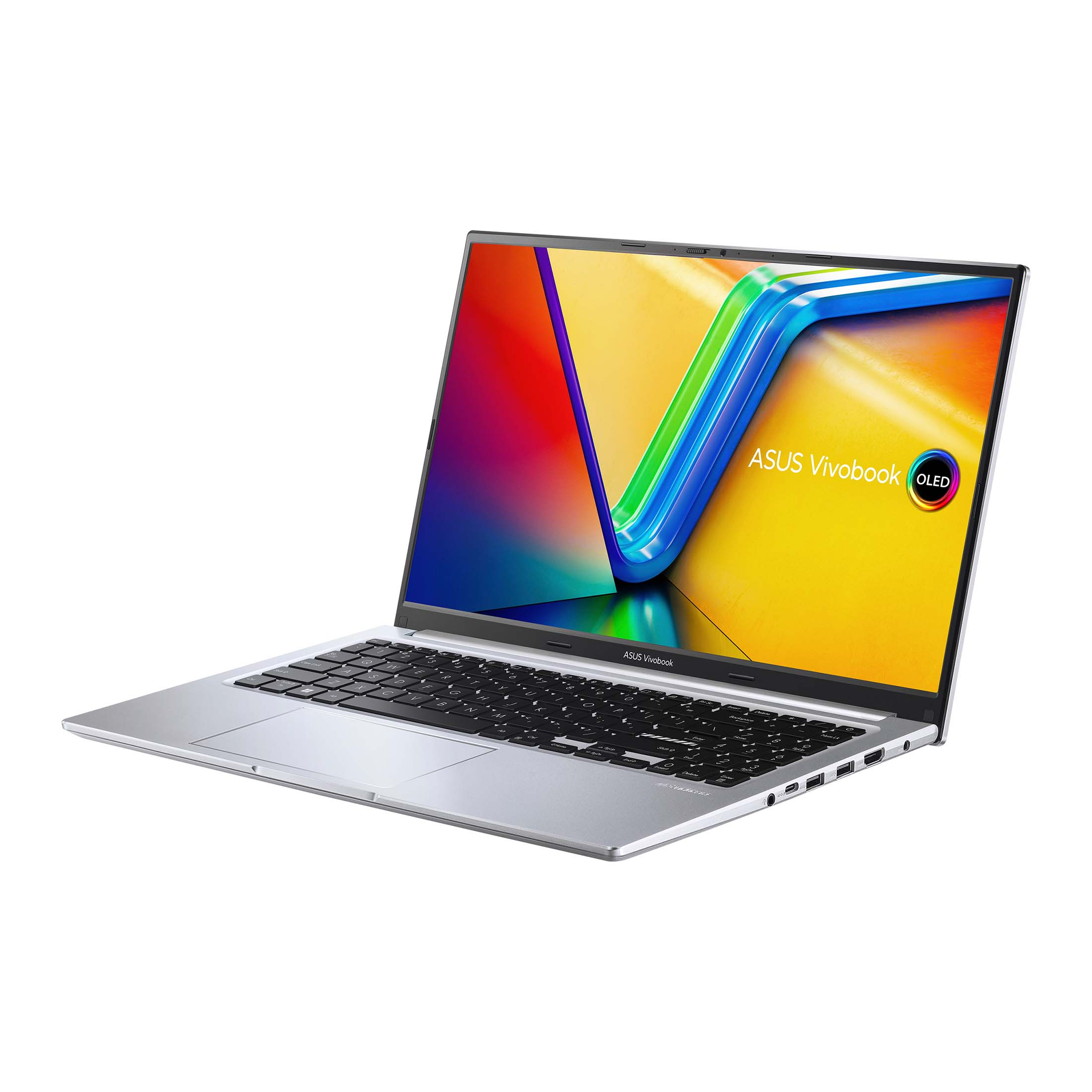 Ordinateur portable ASUS Vivobook argenté ouvert sur une surface blanche. L'écran affiche une image abstraite colorée. Clavier noir, fond blanc.