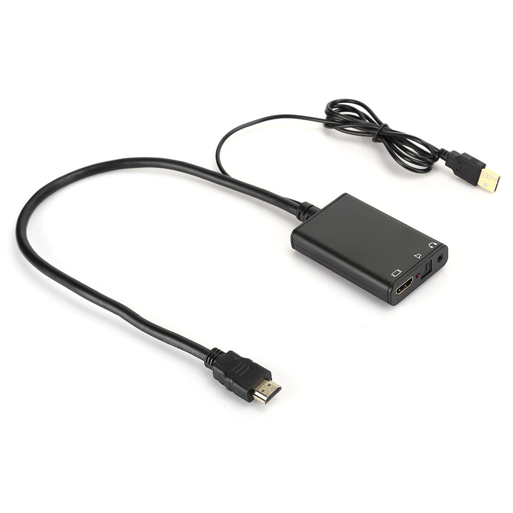 Ein schwarzer HDMI-Adapter mit mehreren Anschlüssen und Kabeln. Der Adapter wird an ein HDMI-Kabel, ein USB-Kabel und ein weiteres Kabel angeschlossen.