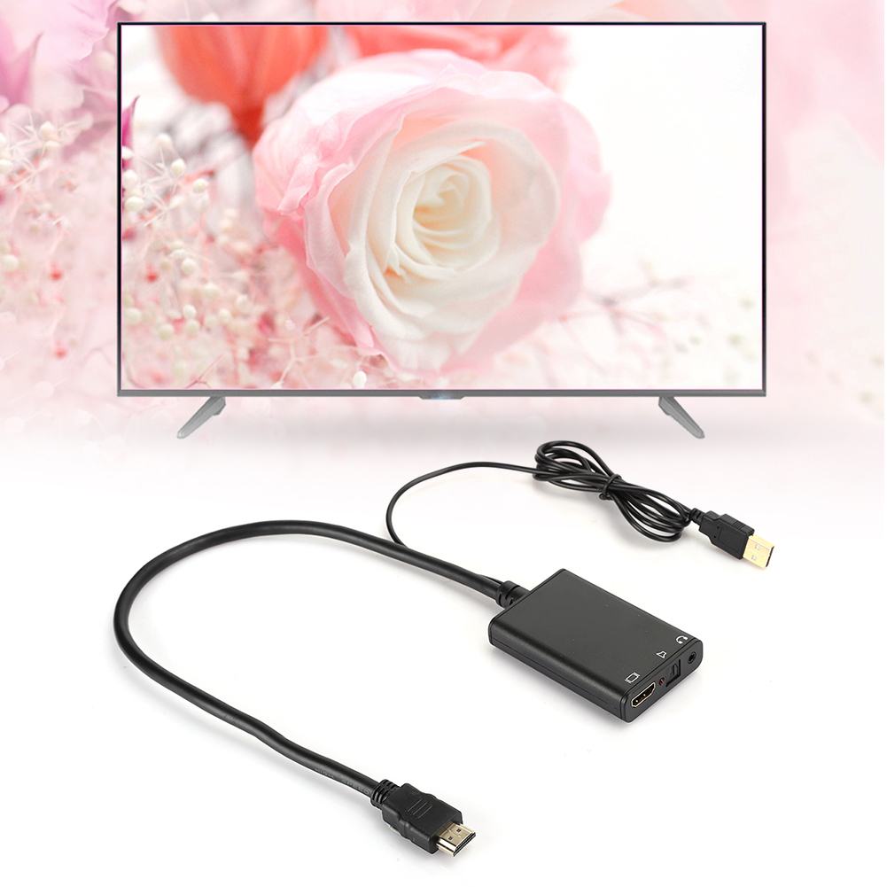 Ein schwarzer HDMI-Adapter mit Kabeln vor einem Fernseher, der ein rosa Rosenbild zeigt. Der Hintergrund hat einen zarten rosa Farbton.