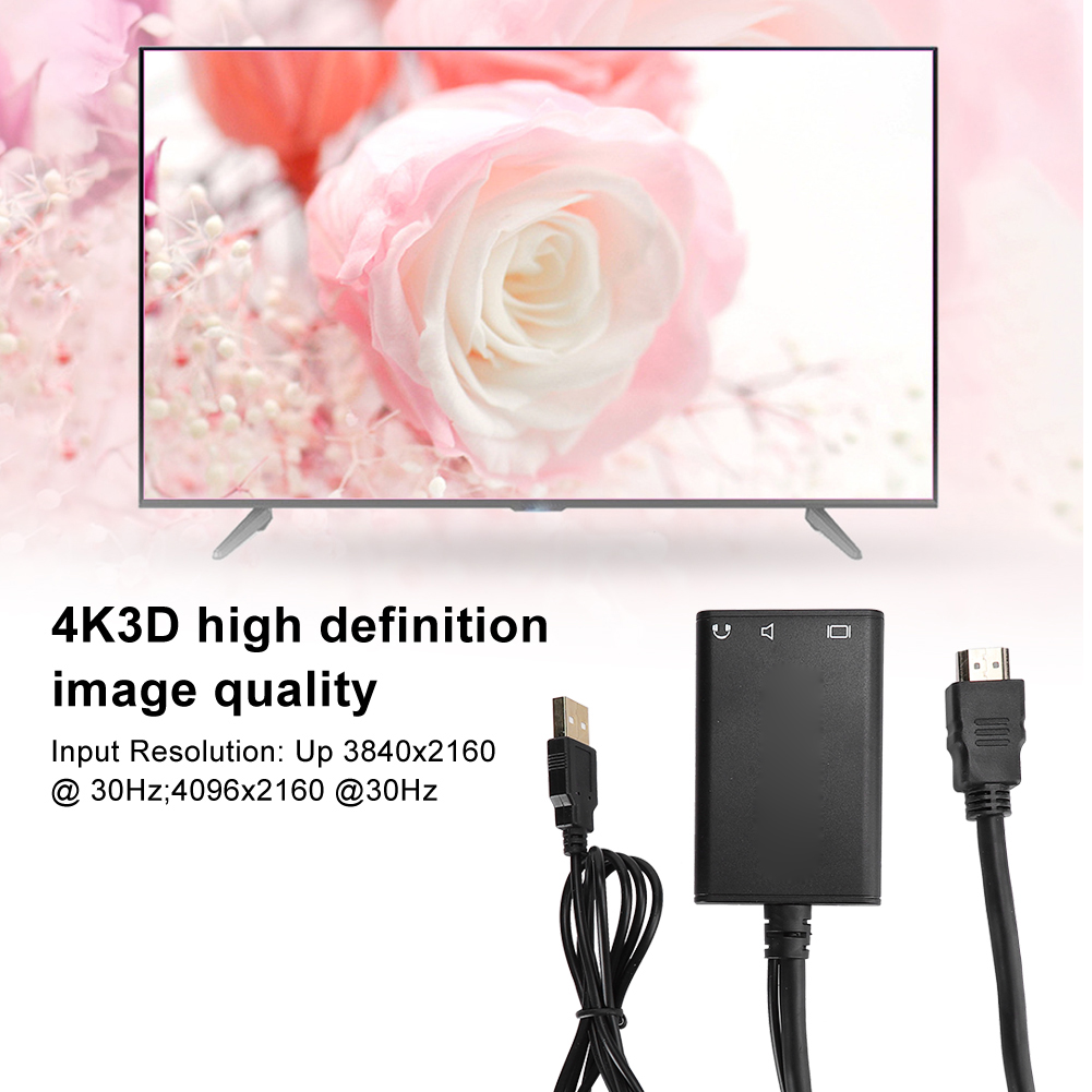 Ein Fernsehbildschirm zeigt ein Rosenbild. Kabel und eine schwarze Konverterbox befinden sich davor. Der Text lautet '4K3D High Definition'.