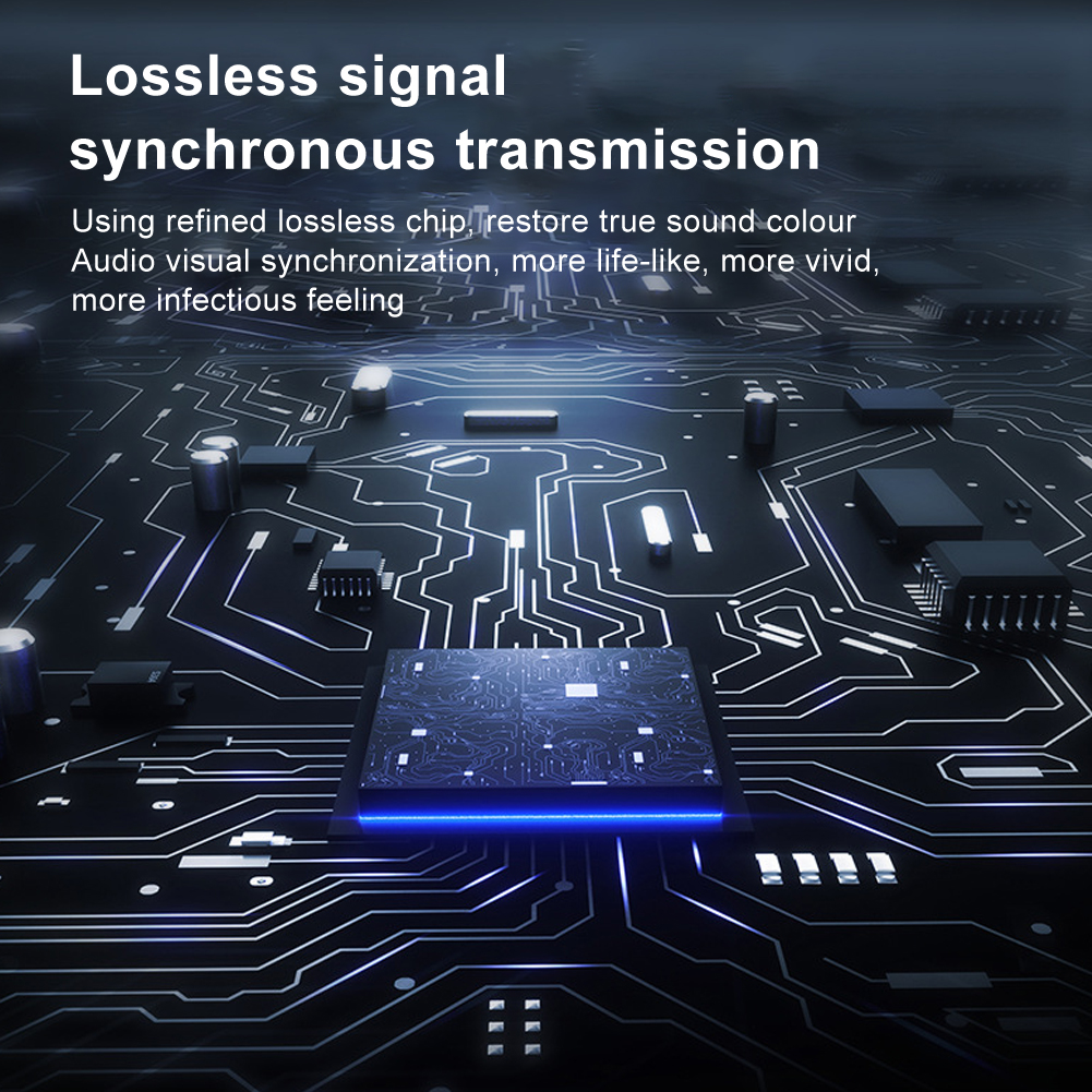 Eine Platine mit weißen Linien und Komponenten. Ein zentraler, blau leuchtender Prozessor wird hervorgehoben, mit Text darüber: 'Verlustfreies Signal'.