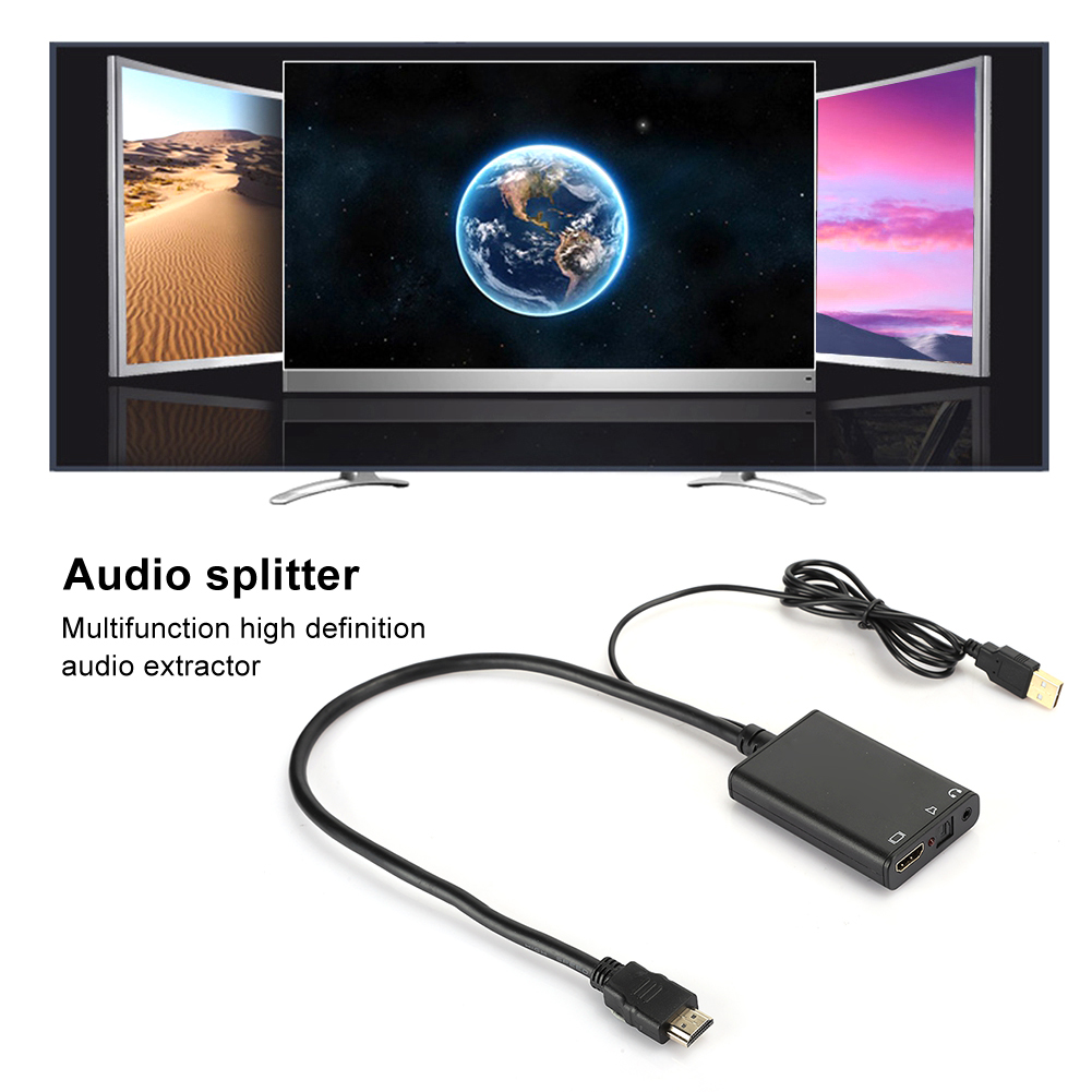 Ein Audiosplitter mit HDMI-Kabeln ist unter drei Bildschirmen abgebildet, die verschiedene Bilder zeigen. Der Splitter ist schwarz.