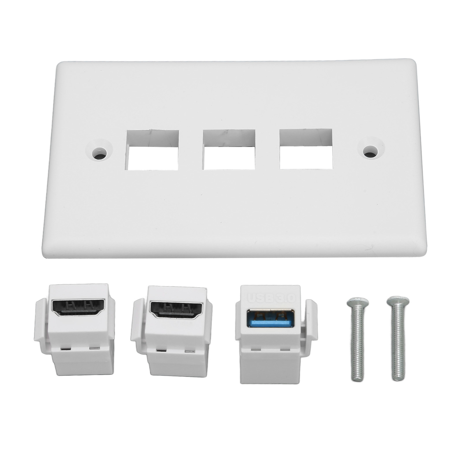 Weiße Wandplatte mit drei Öffnungen, HDMI- und USB-3.0-Anschlüssen und Schrauben. Platte und Anschlüsse sind weiß.