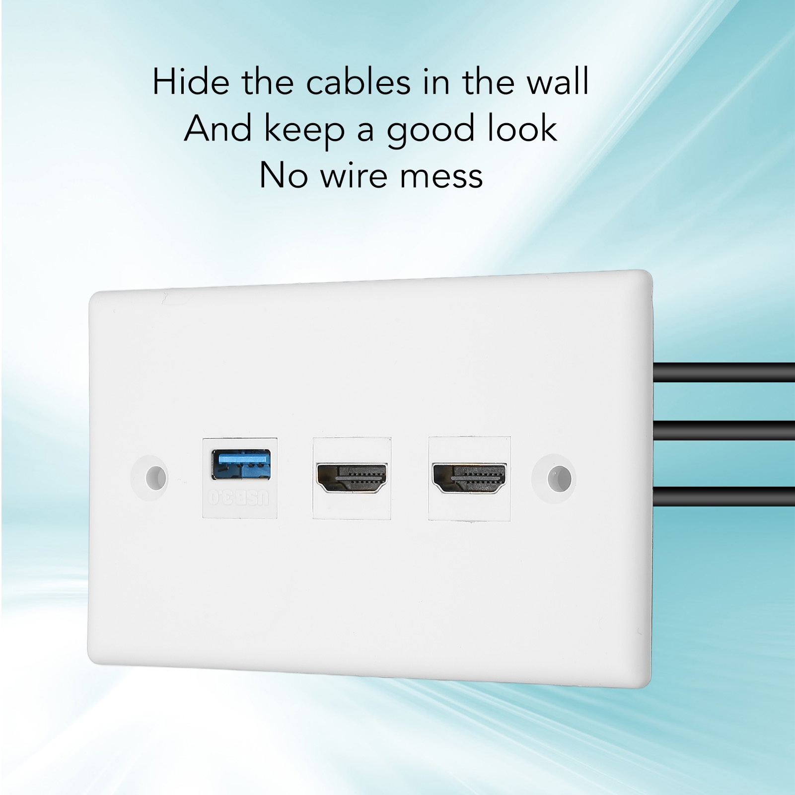 Weiße Wandplatte mit USB- und HDMI-Anschlüssen. Schwarze Kabel sind auf der rechten Seite sichtbar.