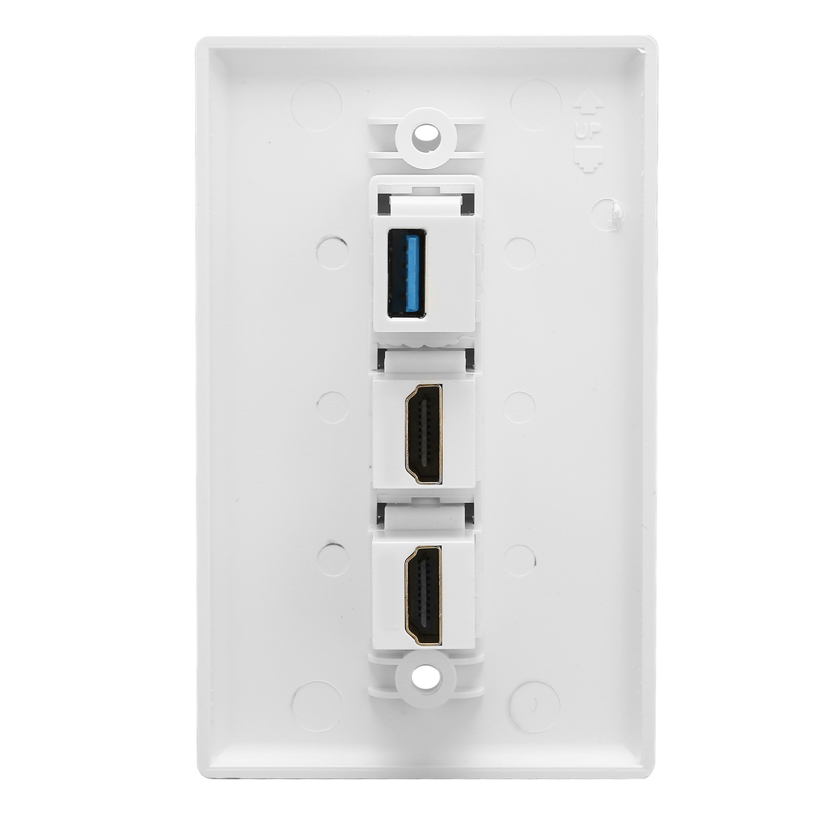 Weiße Wandplatte mit USB- und zwei HDMI-Anschlüssen. Der USB-Anschluss hat ein blaues Innenleben.