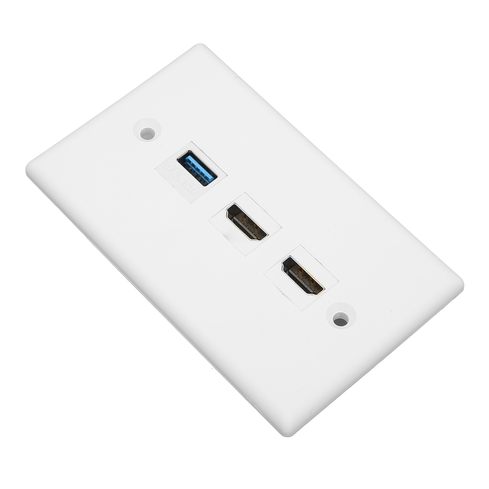 Weiße Wandplatte mit USB 3.0 und zwei HDMI-Anschlüssen. Sie hat zwei Schraubenlöcher, alle Anschlüsse sind schwarz.