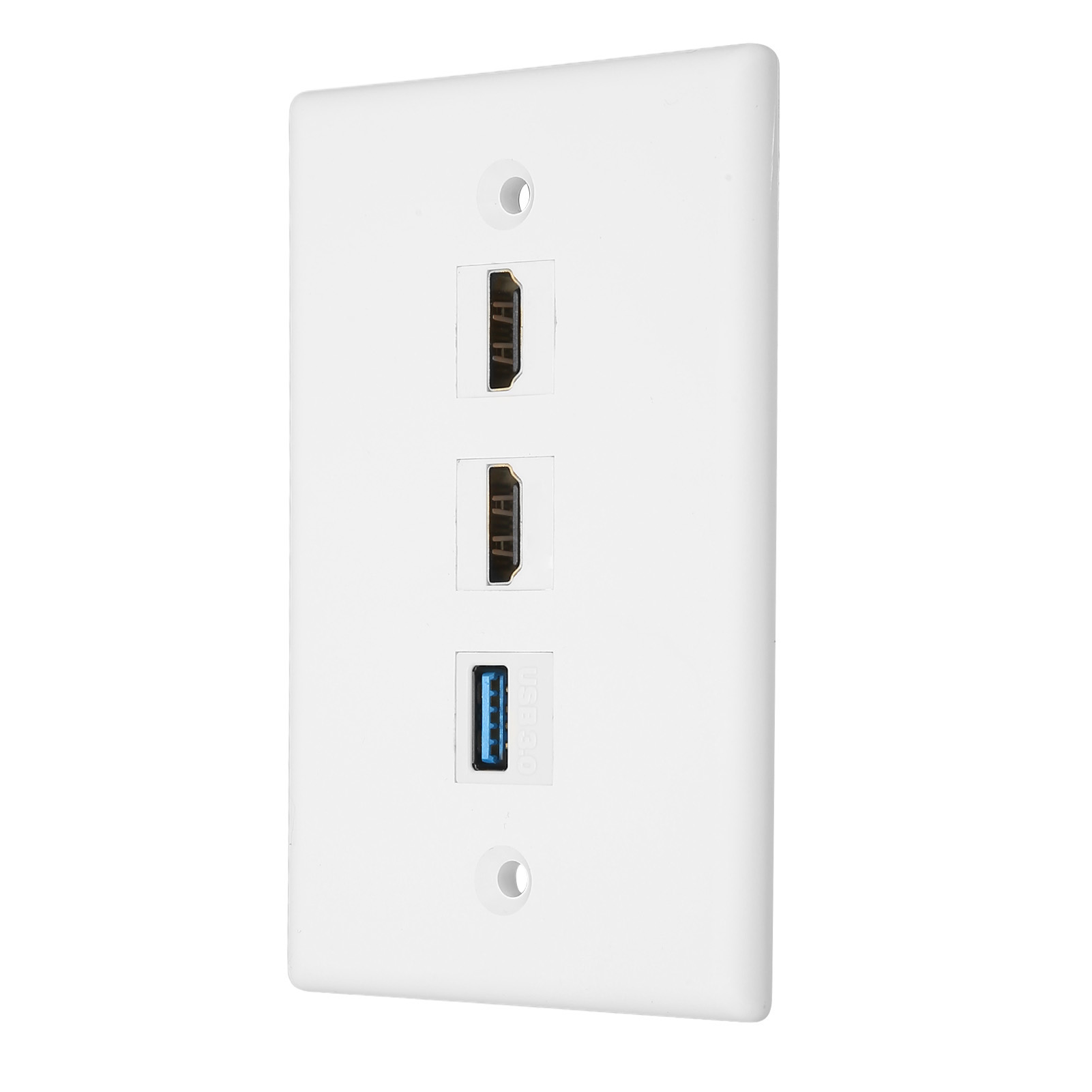 Weiße Wandplatte mit zwei HDMI-Anschlüssen und einem USB 3.0-Anschluss. Die Anschlüsse sind schwarz und blau.