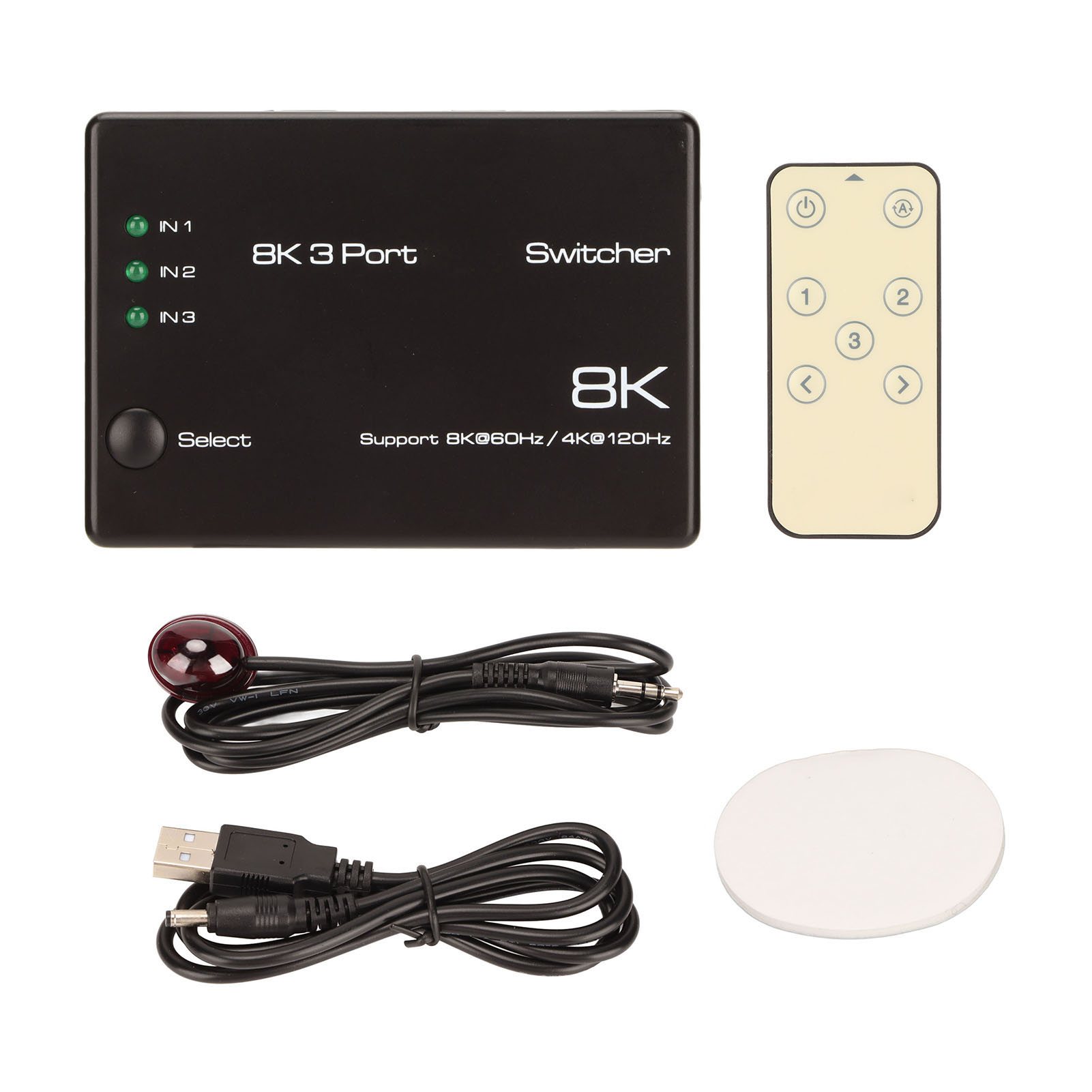 Schwarzer 8K-3-Port-Umschalter mit Fernbedienung und Kabeln. Enthält eine kleine weiße Scheibe. Text: 8K@60Hz/4K@120Hz.