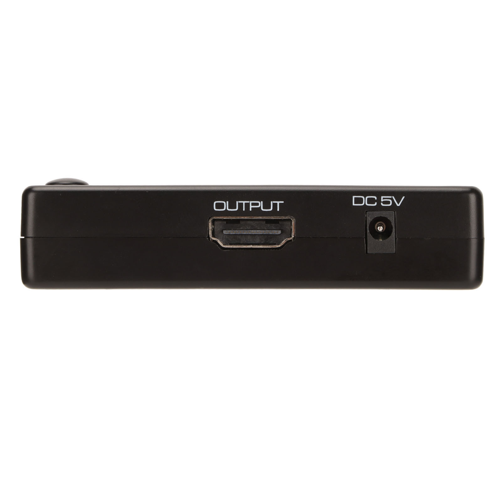 Ein schwarzes HDMI-Gerät. Die Oberseite hat einen HDMI-Anschluss mit der Aufschrift OUTPUT, einen DC 5V-Eingang und einen kleinen Knopf. Weißer Hintergrund.