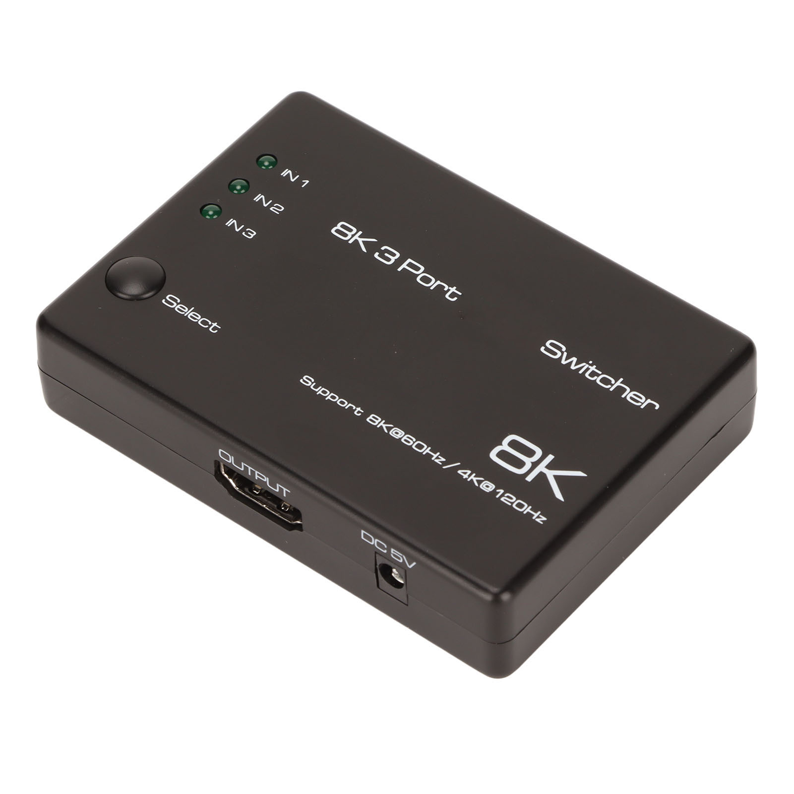 Ein schwarzer 8K-3-Port-Umschalter mit Eingangsleuchten, einer Auswahltaste, Ausgangs- und Stromanschlüssen. Text: 8K, Switcher, Support 8K@60Hz/4K@120Hz.