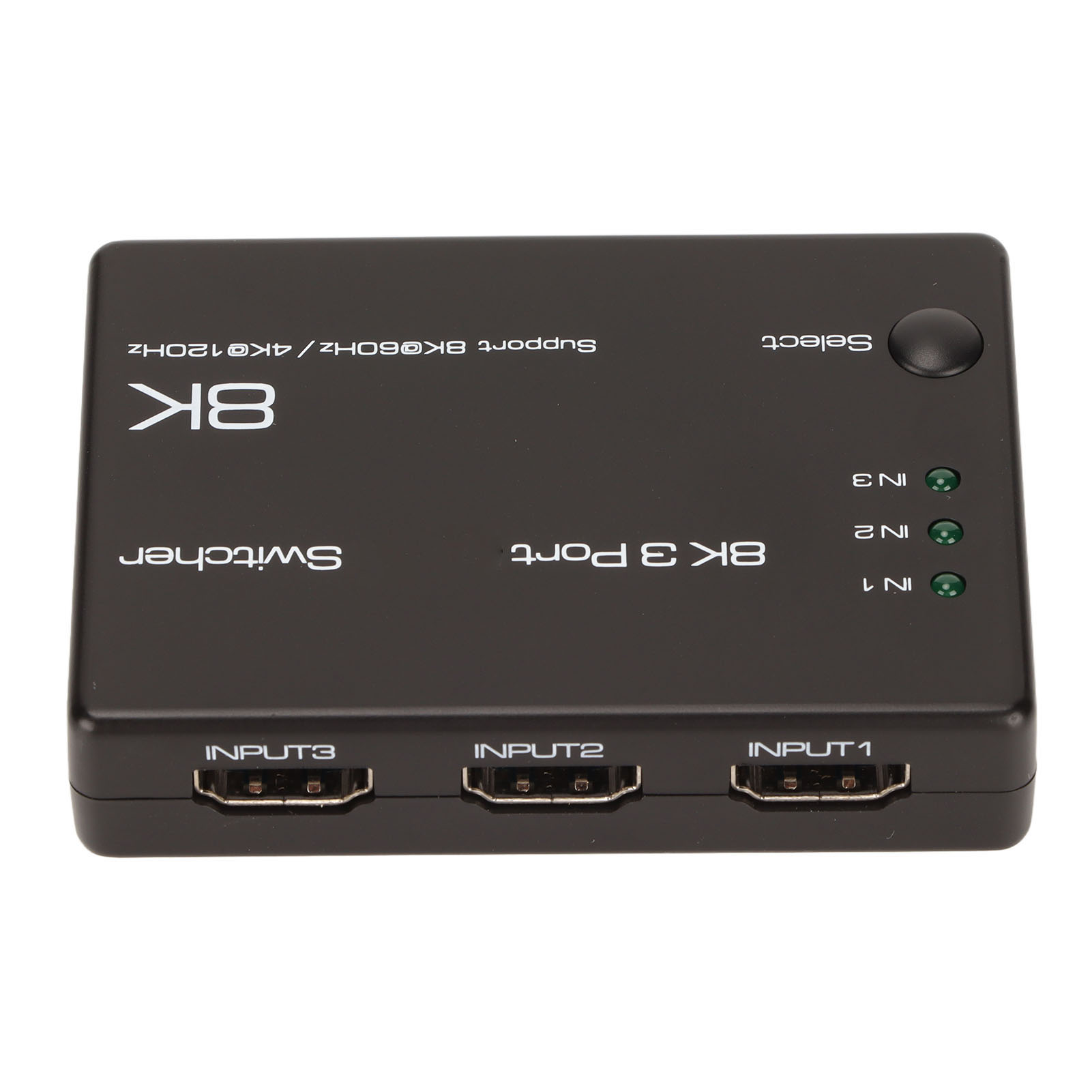 Schwarzer 8K-3-Port-Switcher mit HDMI-Anschlüssen INPUT1, INPUT2, INPUT3 und einer Auswahltaste.