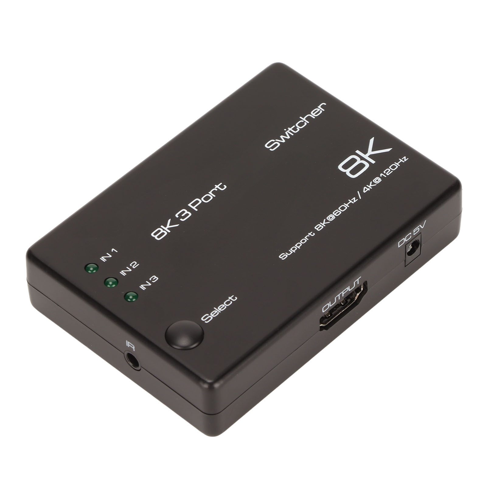 Schwarzer 8K 3-Port-Umschalter. Verfügt über Eingangsanschlüsse IN1, IN2, IN3 und einen Ausgangsanschluss. Unterstützt 8K@60Hz/4K@120Hz. Hat eine Auswahltaste.