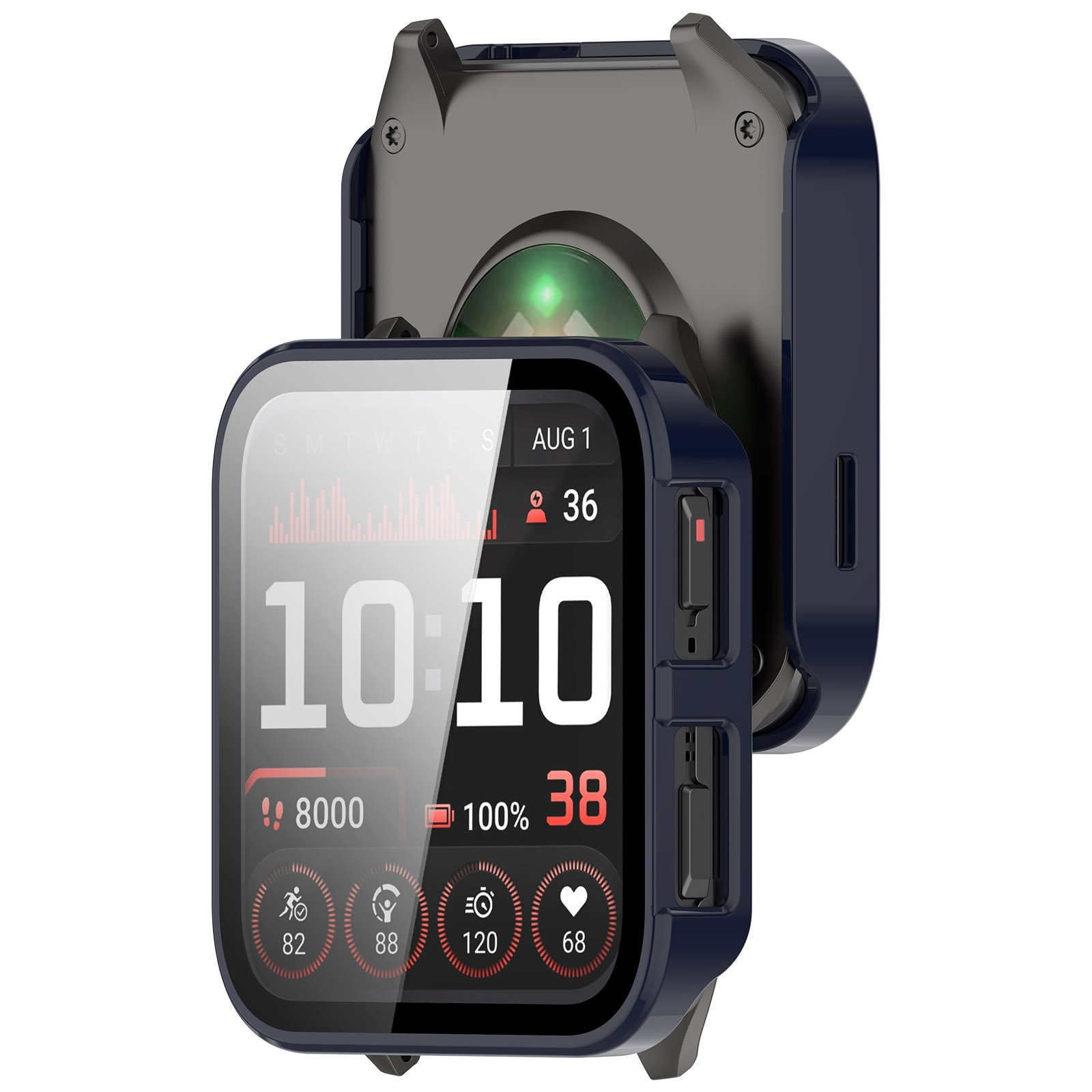 Eine Smartwatch mit dunkelblauem Gehäuse, die Zeit, Statistiken und Gesundheitsmetriken anzeigt. Der Hintergrund ist grau.