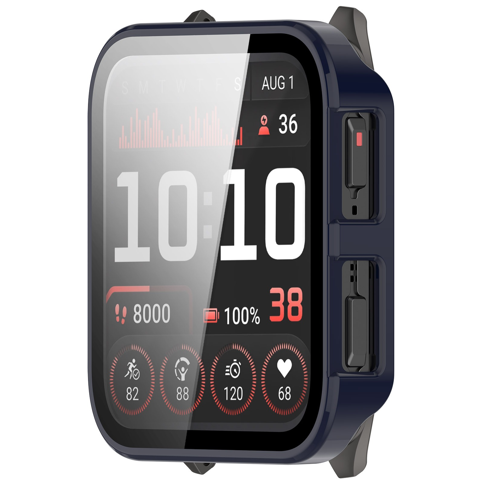 Eine Smartwatch, die Zeit, Datum, Gesundheitsstatistiken und Akku anzeigt. Sie hat ein dunkelblaues Gehäuse und ein schwarzes Armband.