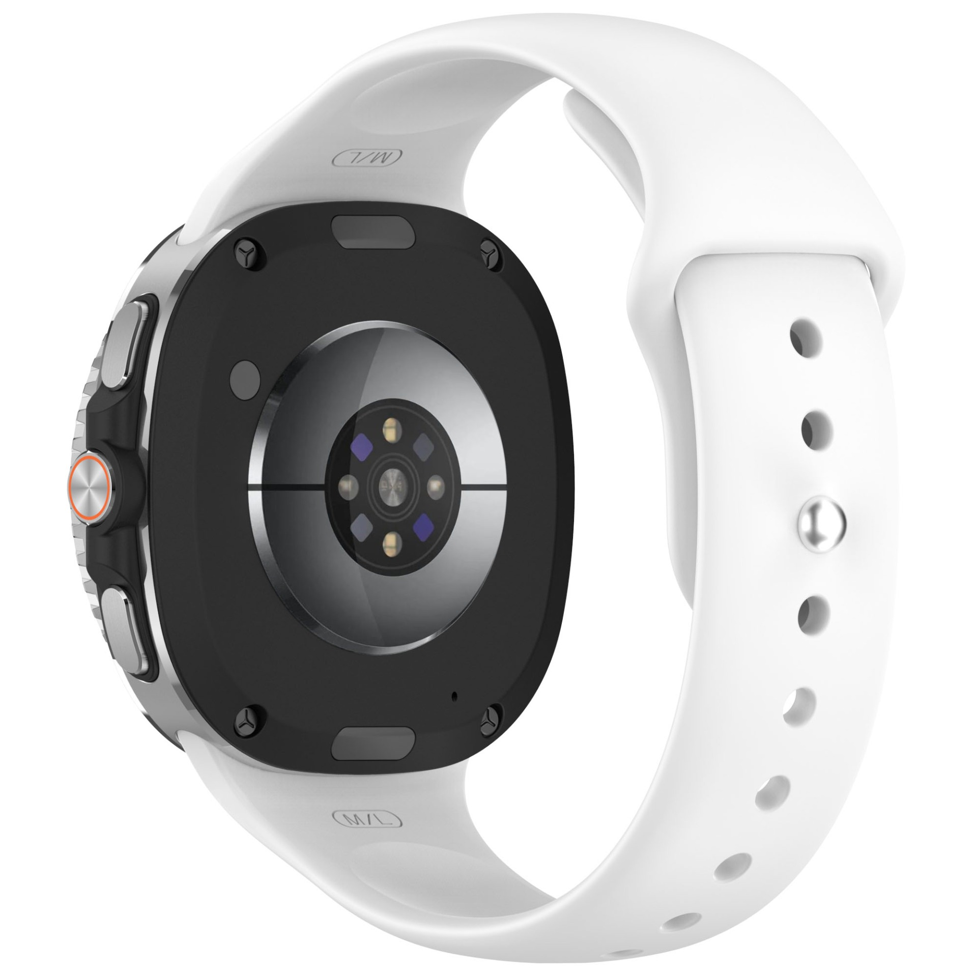 Uno smartwatch bianco con base nera, finiture argentate e cinturino bianco. Il retro mostra i sensori.