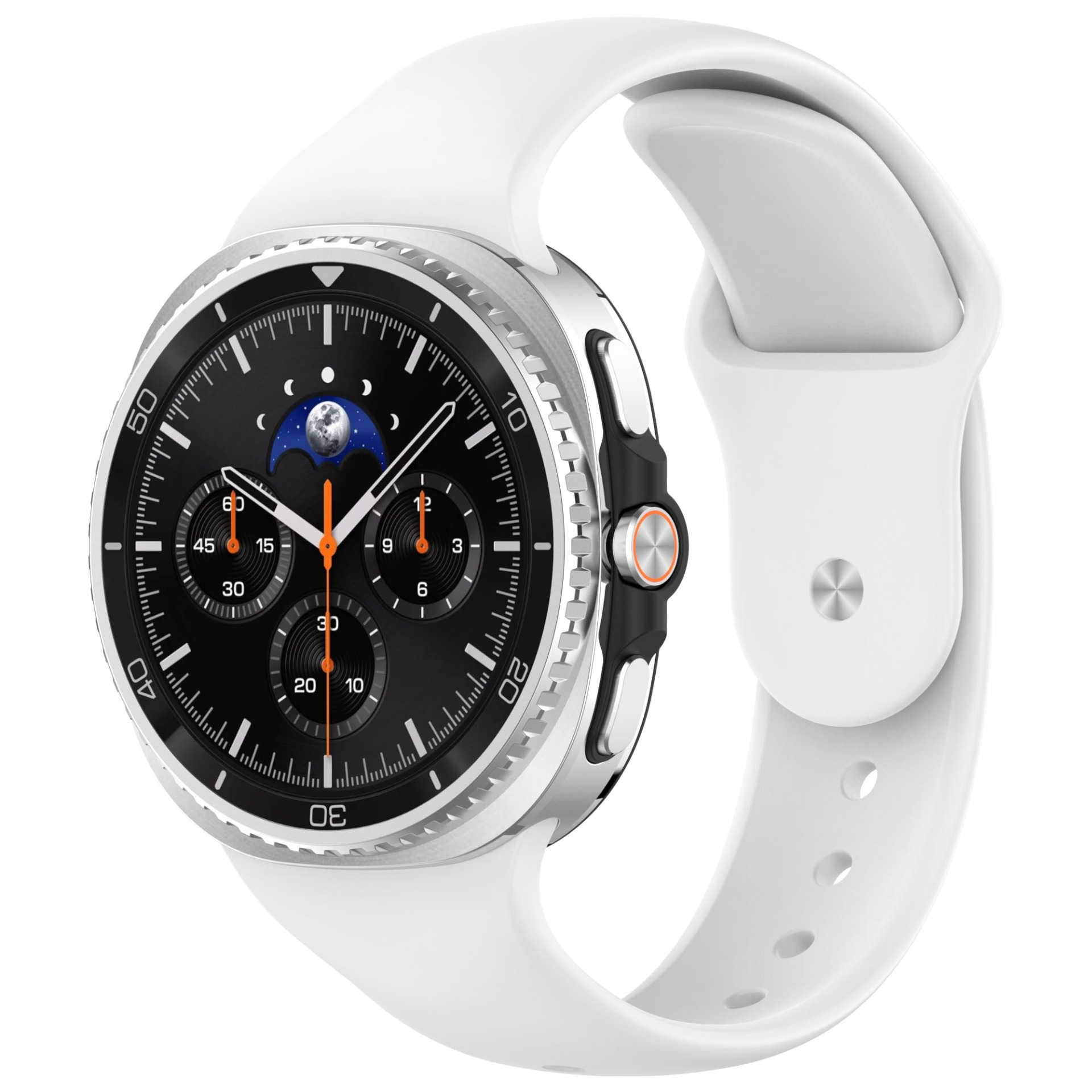 Uno smartwatch bianco con quadrante nero, lancetta arancione, cinturino bianco e lunetta argentata.