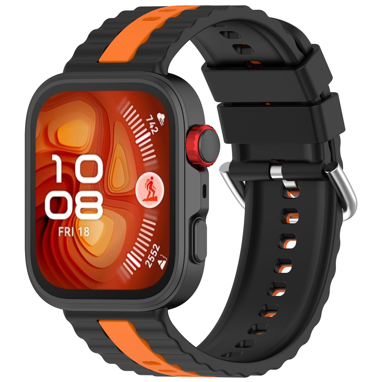 Smartwatch mit schwarzem und orangefarbenem Armband. Zifferblatt zeigt Zeit und Aktivitätsdaten. Roter Knopf an der Seite.