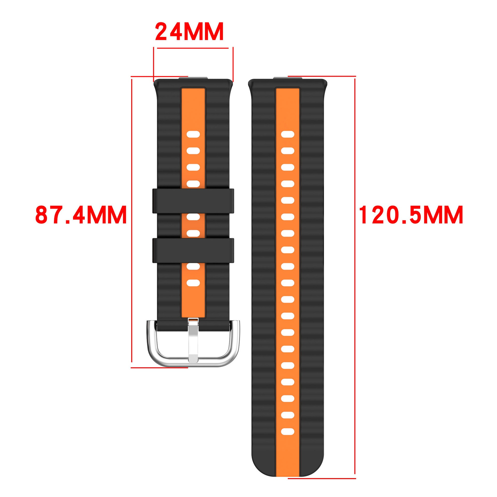 Schwarzes und oranges Uhrenarmband mit Millimeter-Maßen auf weißem Hintergrund.