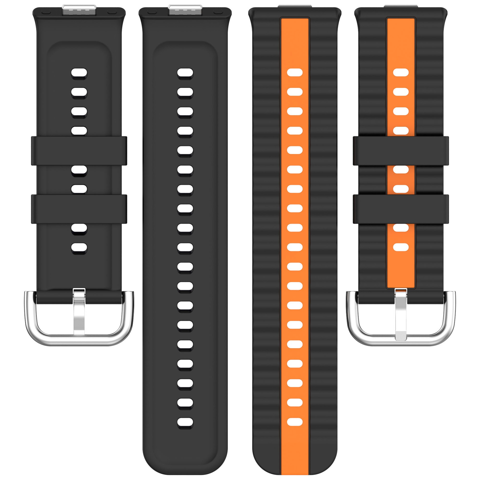Vier schwarze und orangefarbene Armbänder werden vor weißem Hintergrund gezeigt. Zwei Bänder haben orange Akzente.