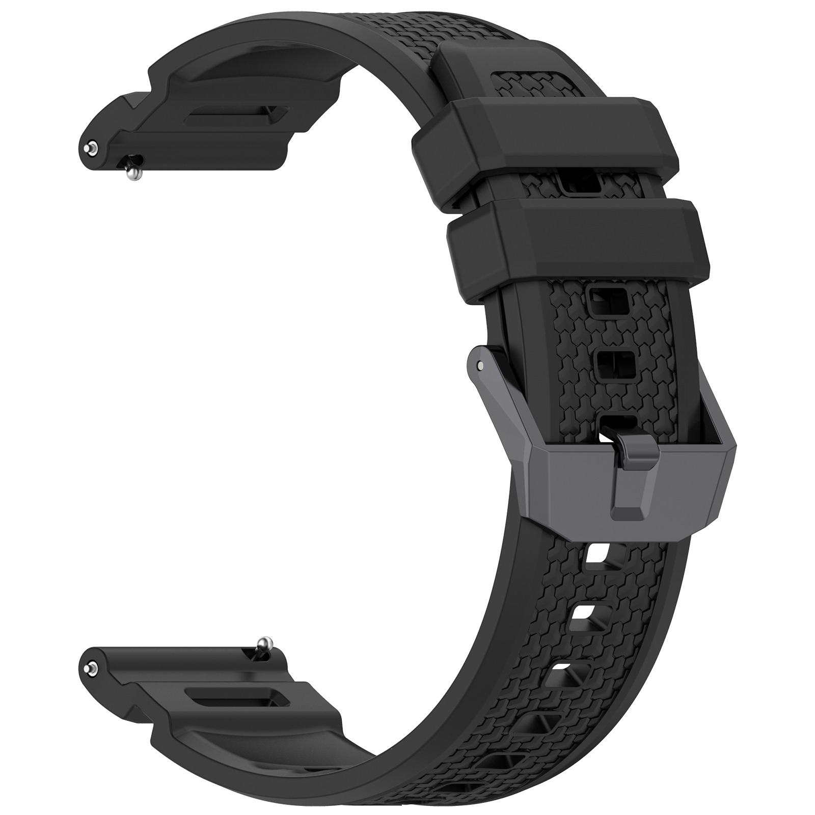 Schwarzes Uhrenarmband mit strukturierter Oberfläche und Verschluss. Das Band ist gebogen und zeigt die Verbindungspunkte und den Verschlussmechanismus.