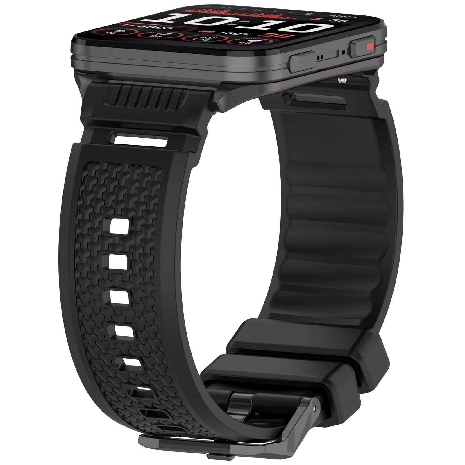 Schwarze Smartwatch mit rechteckigem Bildschirm, der Zeit und Daten anzeigt, an einem schwarzen Armband.