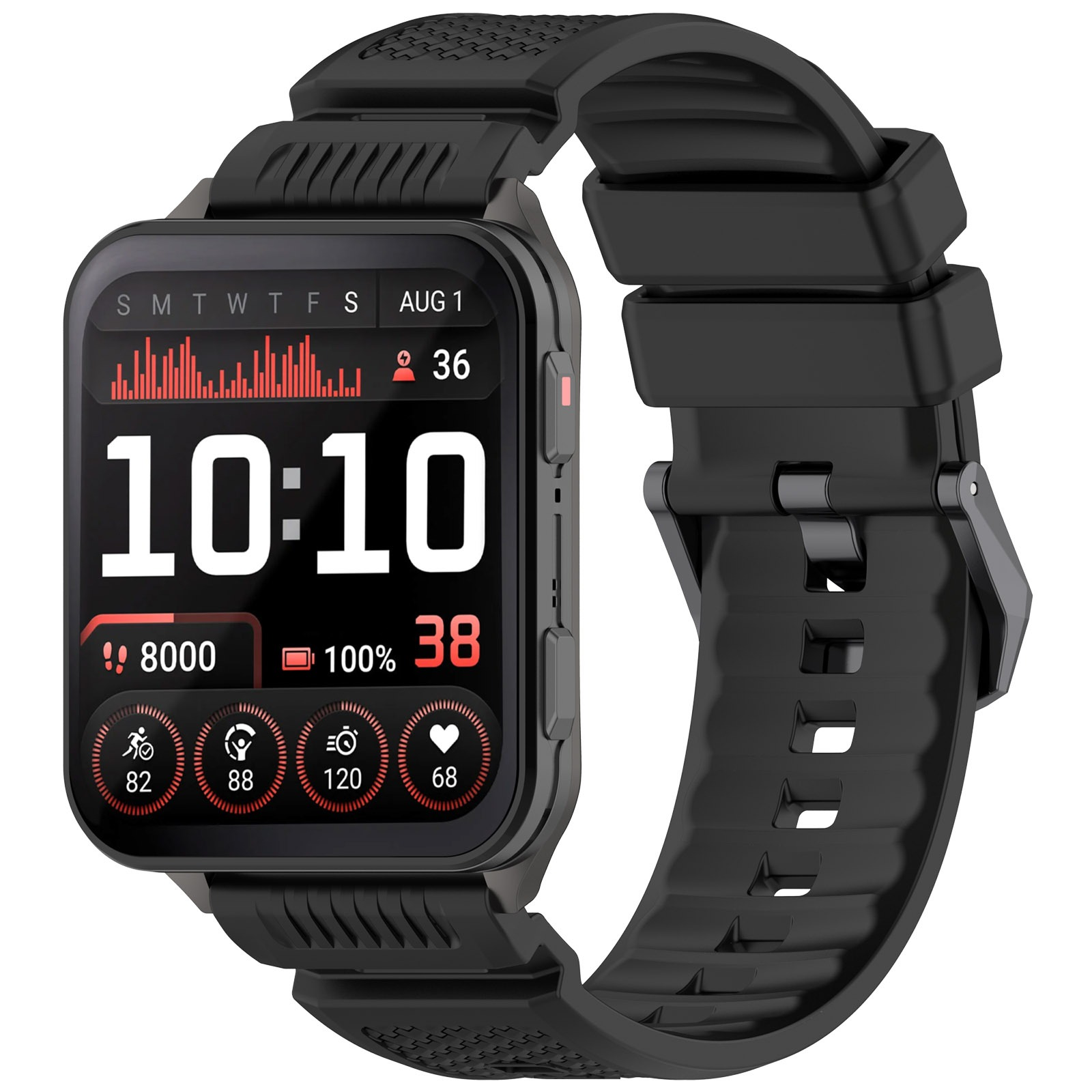 Schwarze Smartwatch zeigt Zeit, Datum und Gesundheitsdaten an. Inklusive Herzfrequenz, Schritte und Batteriestand. Schwarzes Armband.